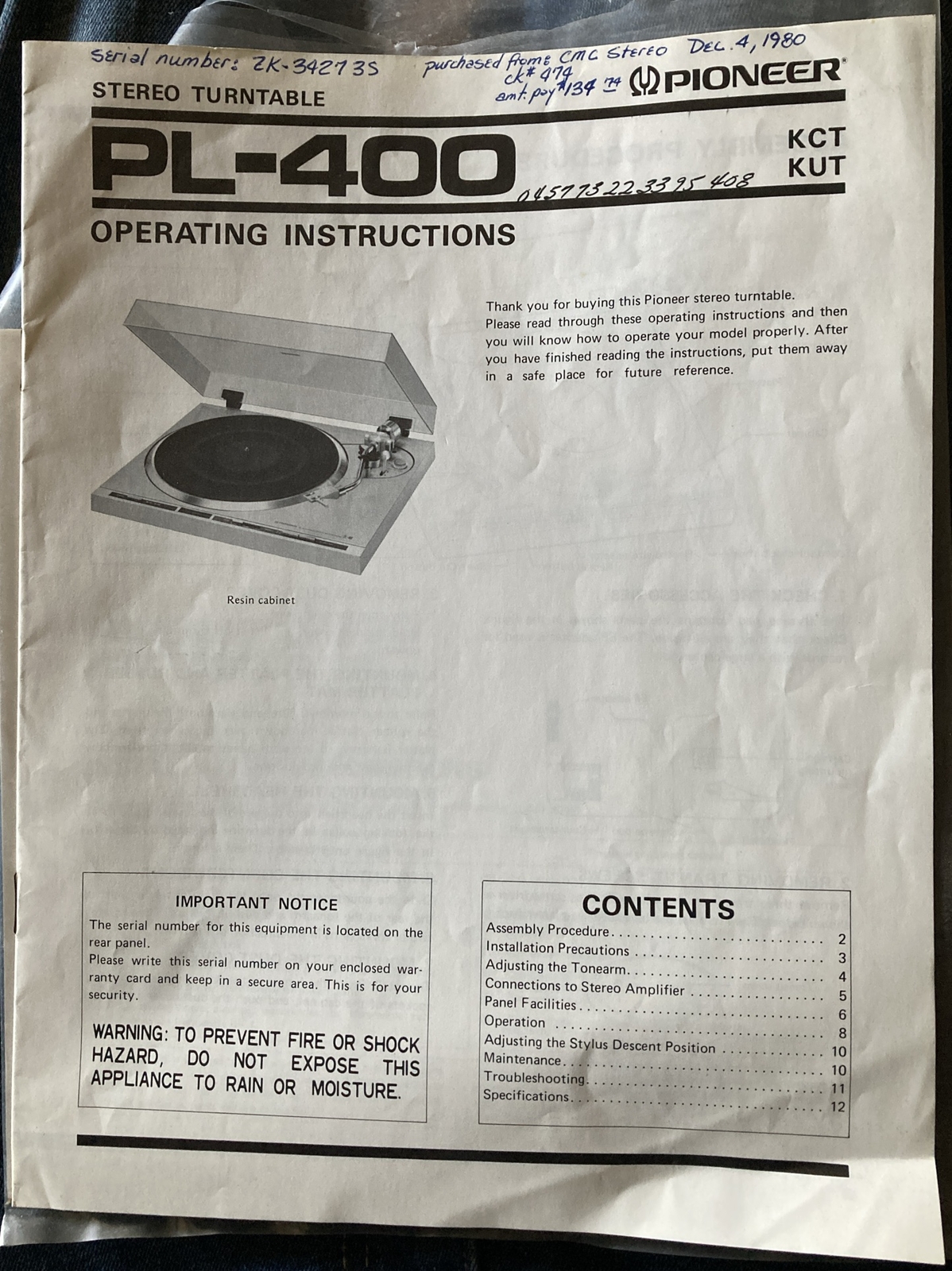 Pioneer Stereo Turntable PL-400 Operating Instructions