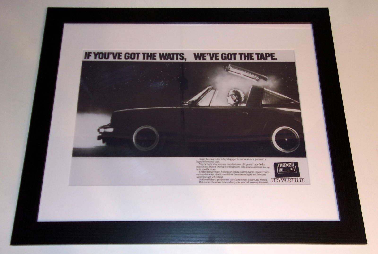 FRAMED Maxell Cassette Tape “BLOWN AWAY” 1982 Ad Poster 23″x20″ Porsche 911