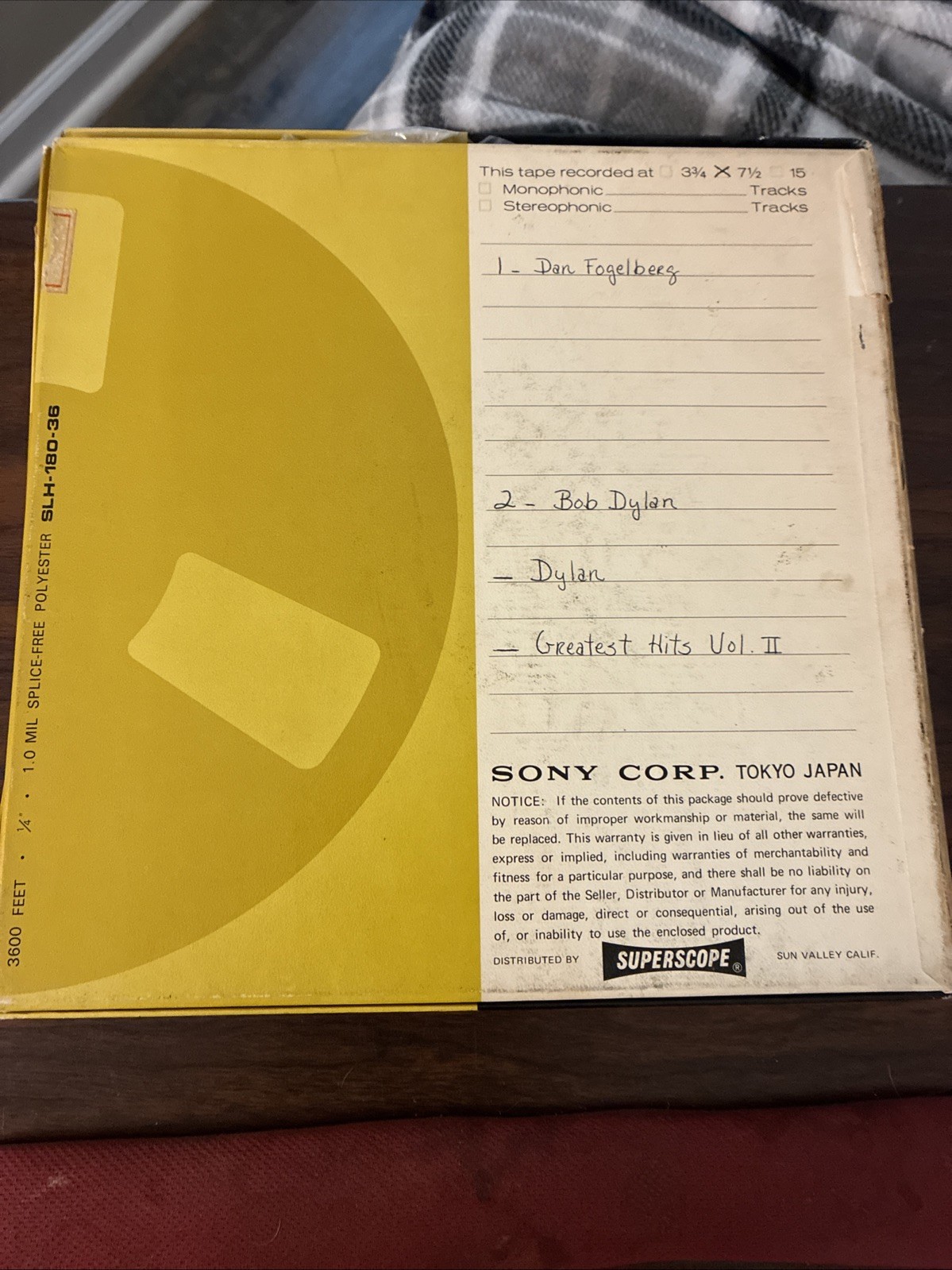 Vintage Sony SLH-180-36 10.5” Reel Tape Aluminum Reel Bob Dylan Fogelberg