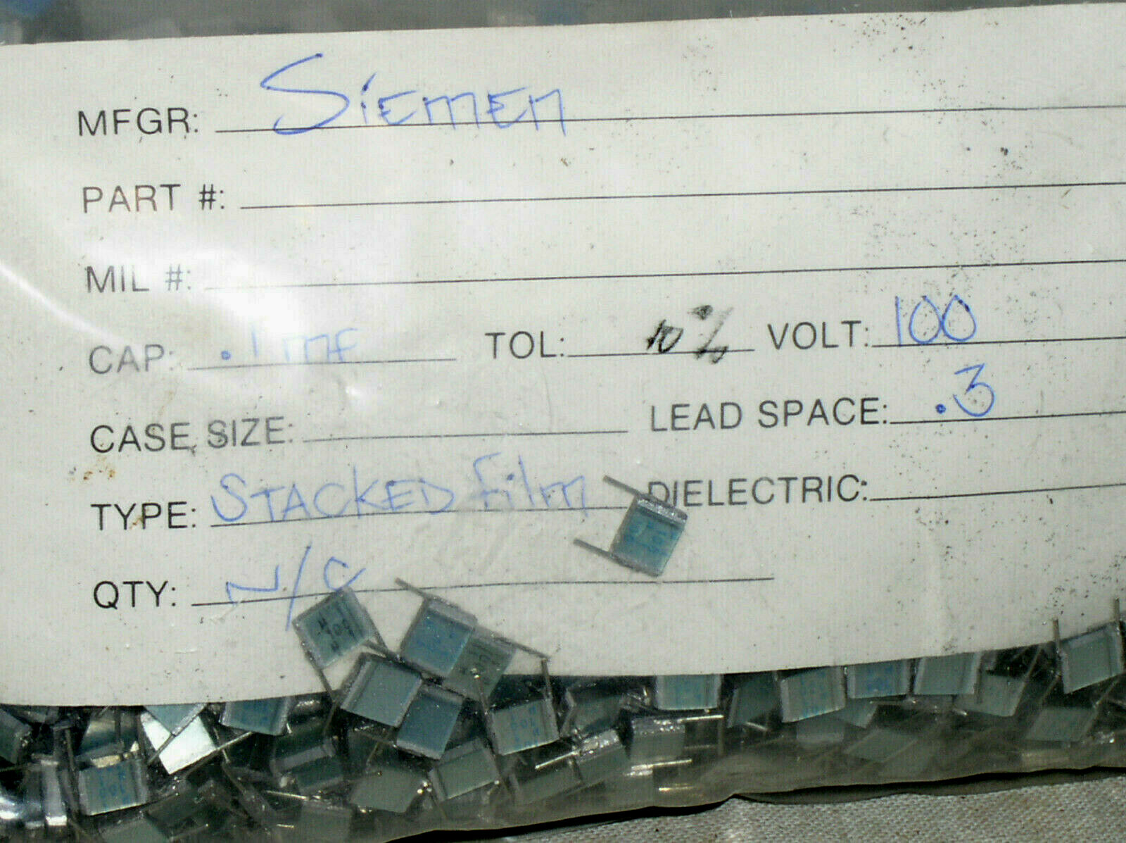 10 SIEMENS SQUARE STACKED METALLIZED FILM CAPACITOR .1UF 100NF 100V 10% 104 USA