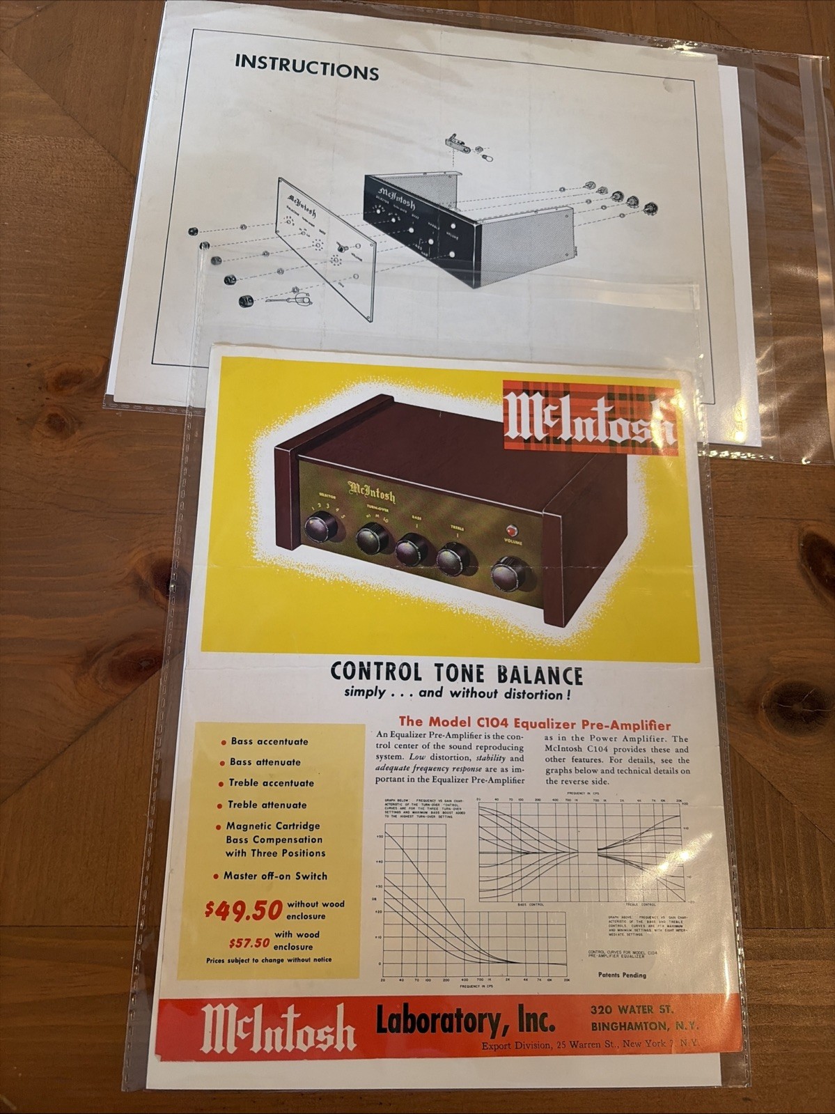 McIntosh C104 Equalizer Pre Amp Promo Literature & Mounting Instructions. Rare