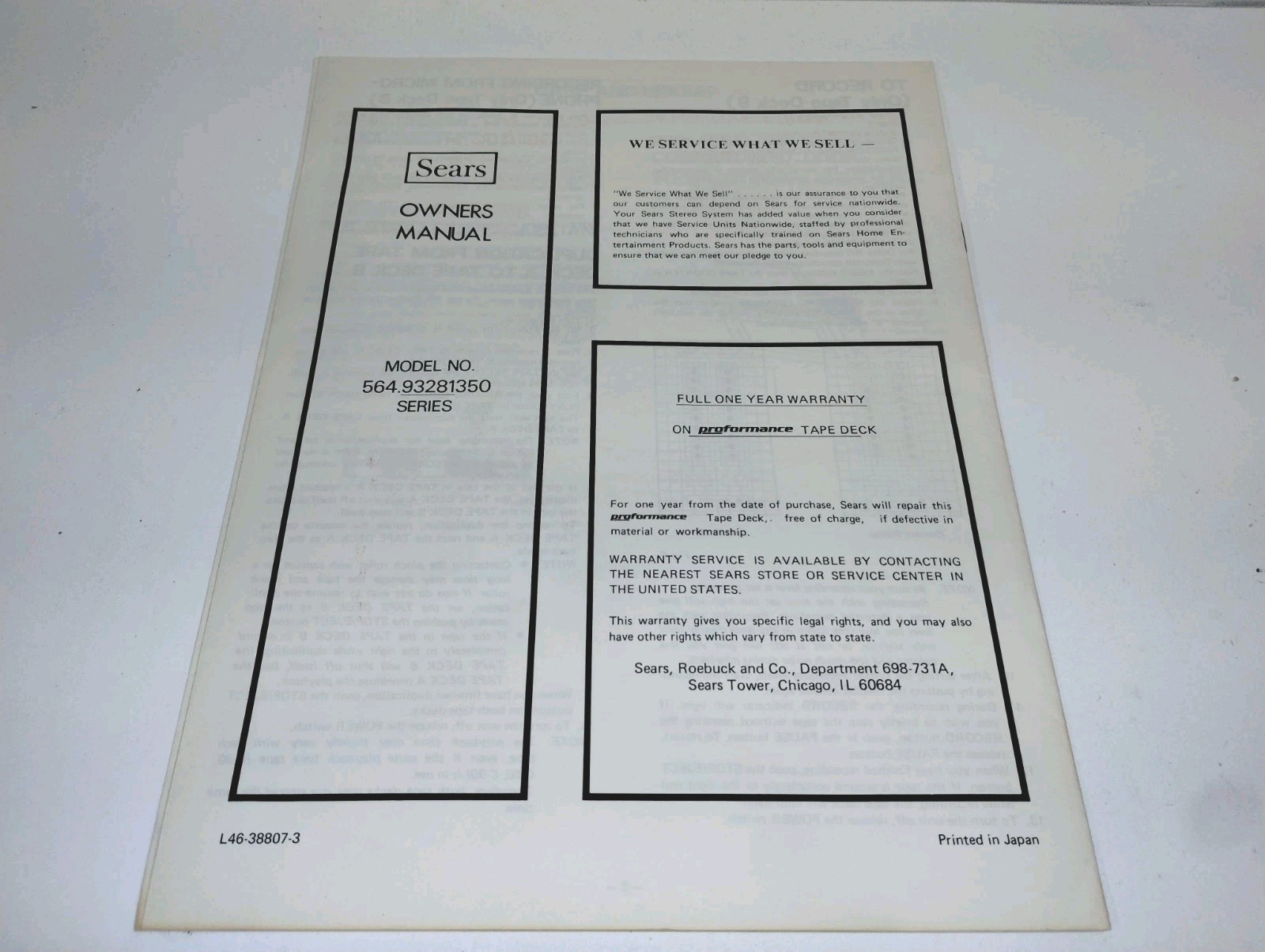 Sears Proformance Tape Deck Owners Manual Model 564.93281350