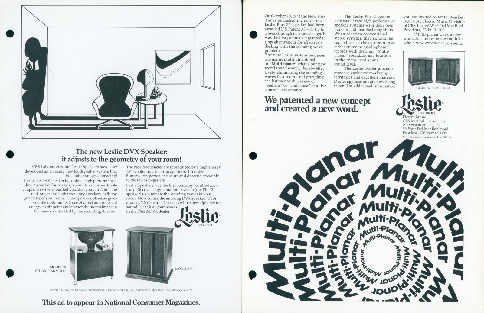 1973 Leslie Plus 2 DVX 570 580 Speaker Brochure Lot HiFi CBS Quadraphonic Stereo