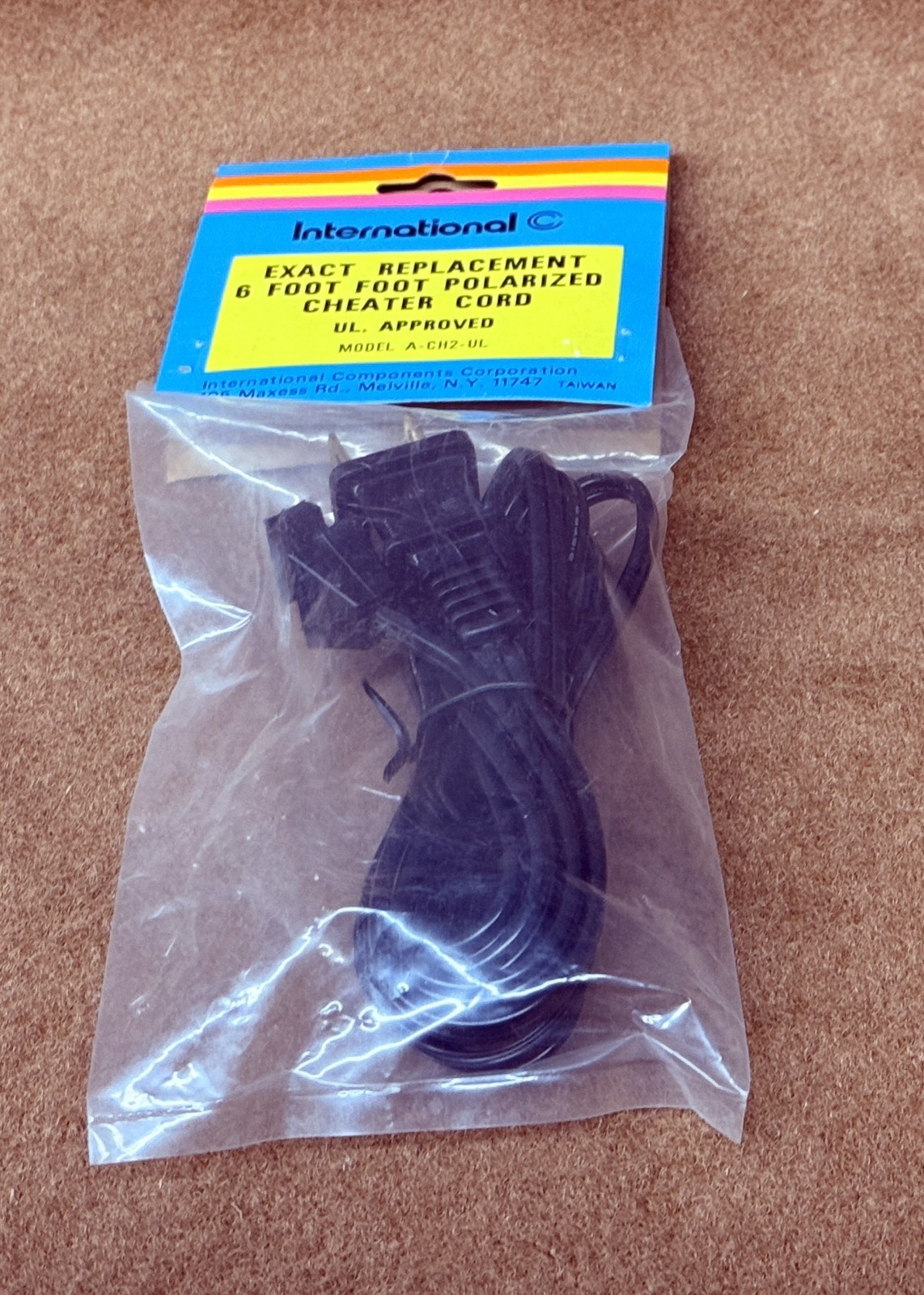 NOS NEW Vintage TV/Radio, ICC Brand Cheater Cord, Polarized, Black, 6 Ft.