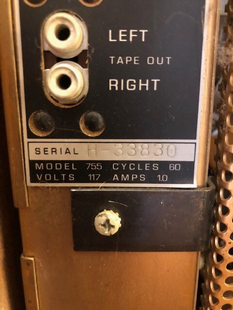 Ampex Model 55 reel-to-reel tape recorder in wooden housing.