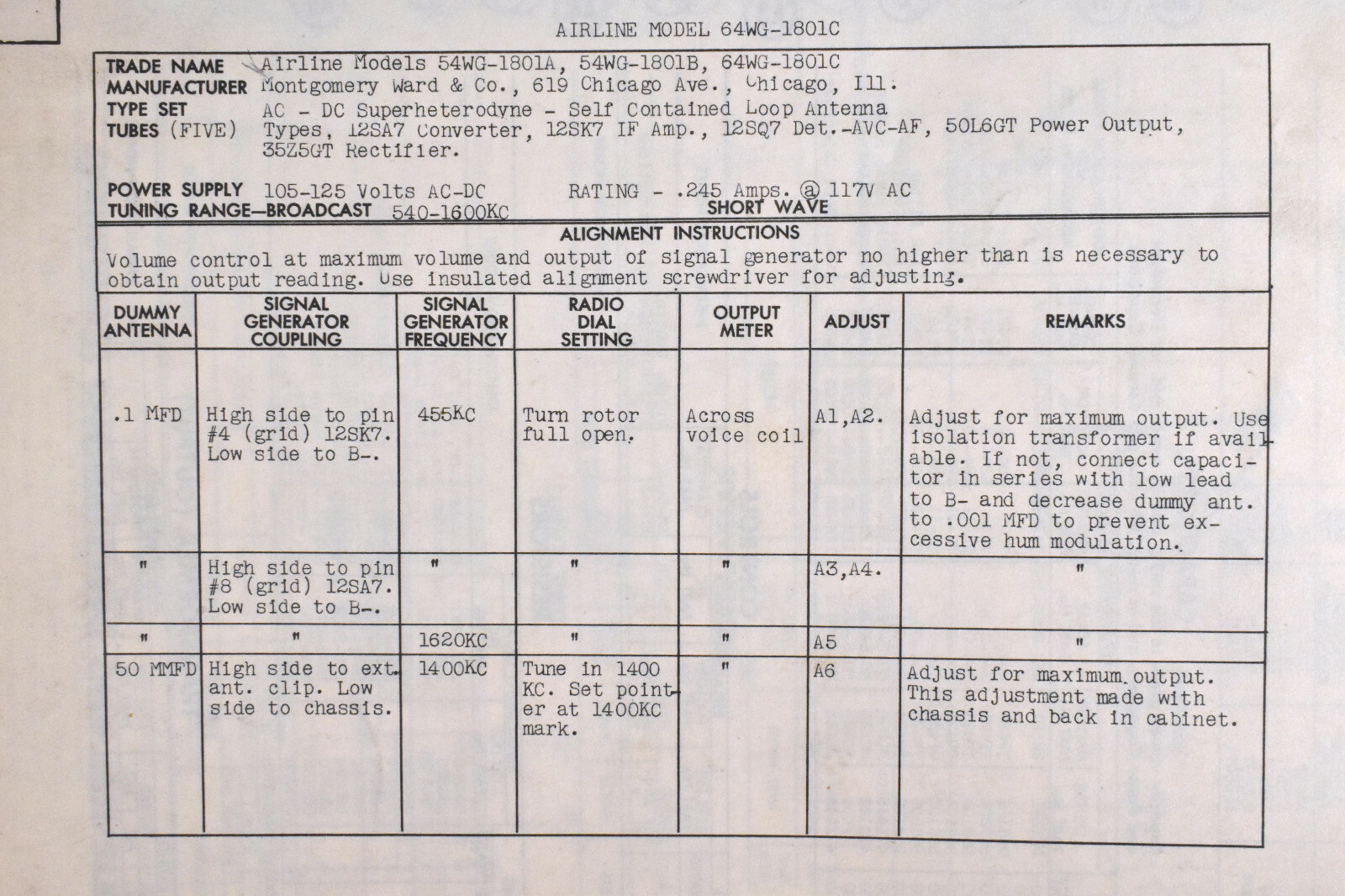 Airline 54WB-1801A B C Radio Receiver SAMS Photofact Service Manual 464-33