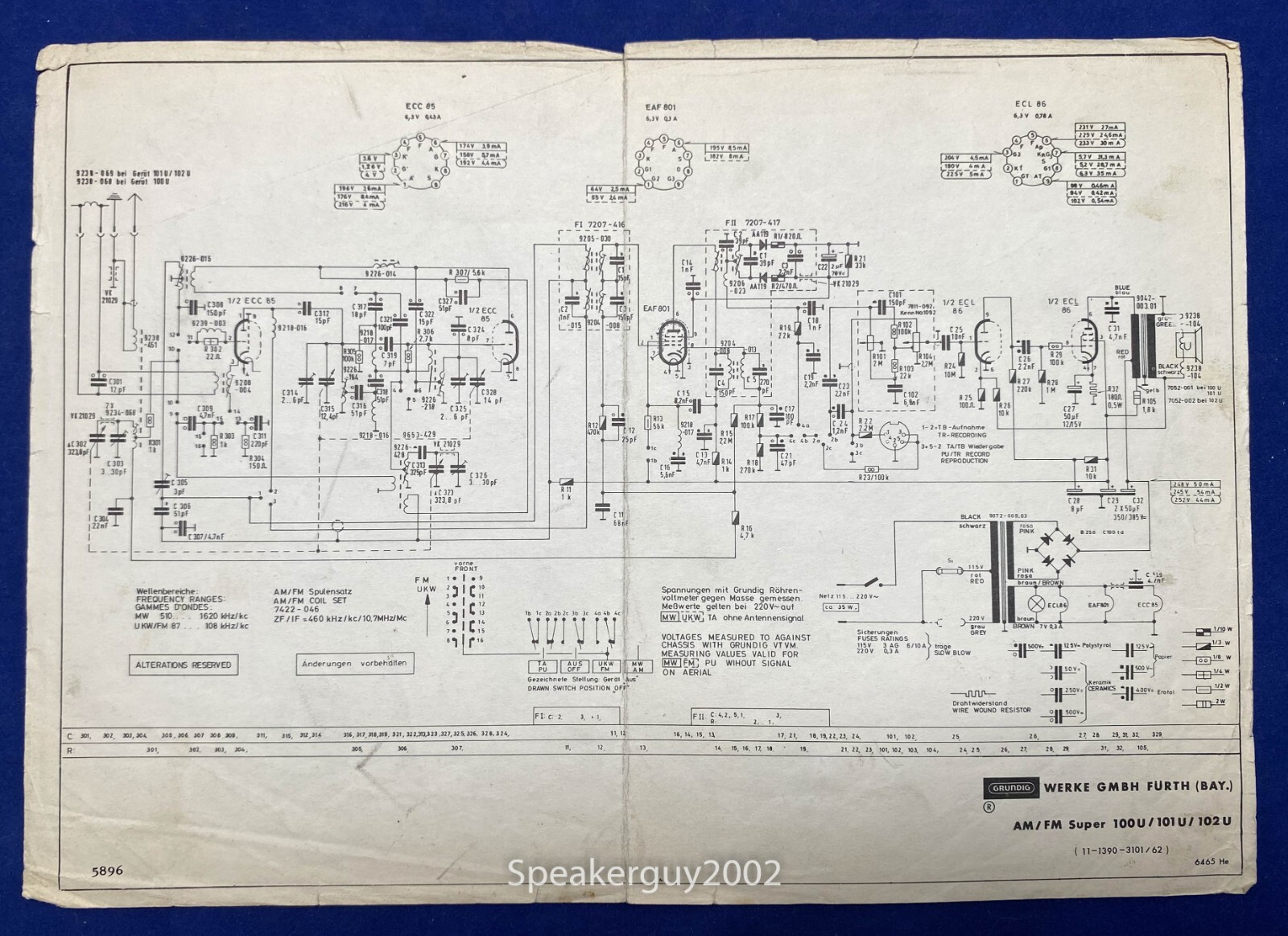 Original Grundig Schematic – AM/FM Super 100U / 101U / 102U