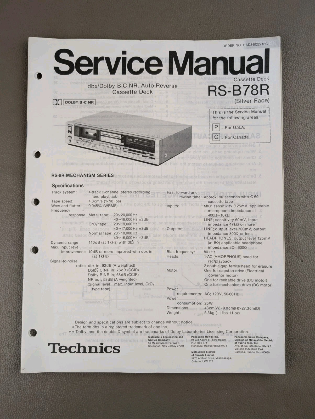 Technics Cassette Deck Rs-b78r Silverface Service Manual D-4883