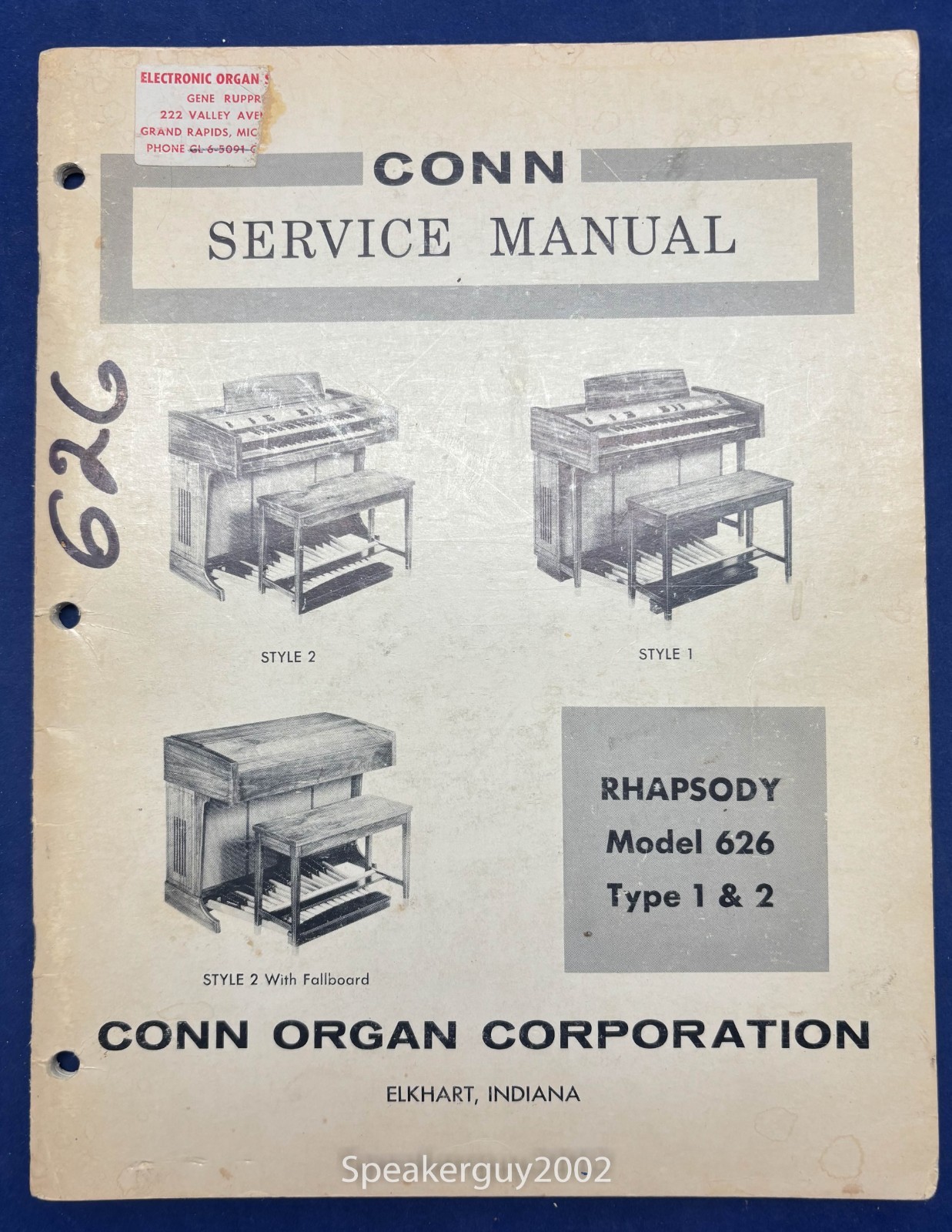 Original Conn Organ Service Manual / Rhapsody 626 Type 1 & 2