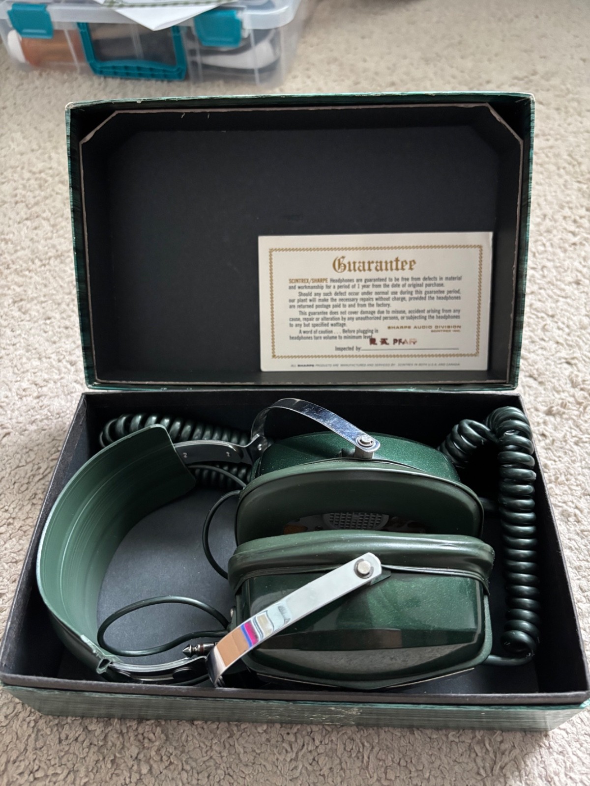 Sharpe MK II 1970s Vintage Green Over-Ear Headphones Coiled 1/4″ Plug with Box
