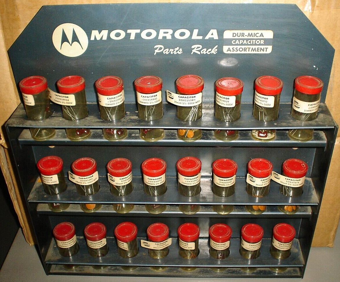 Vintage Motorola Metal Display Parts Rack Dur-Mica Capacitor Radio Hardware Sign