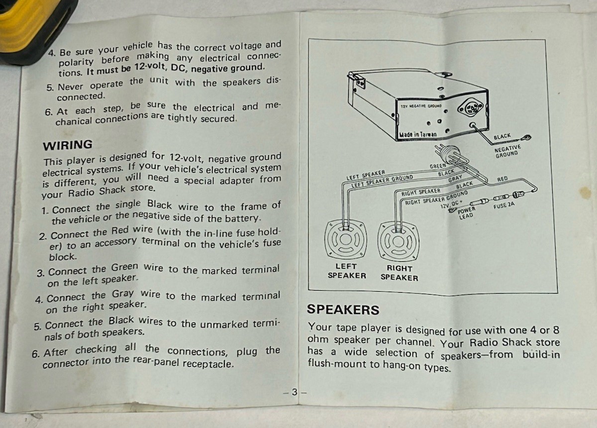 Orig Realistic/Radio Shack Owner’s Manual 12-1801 for Model 12-1800 Car 8-Track