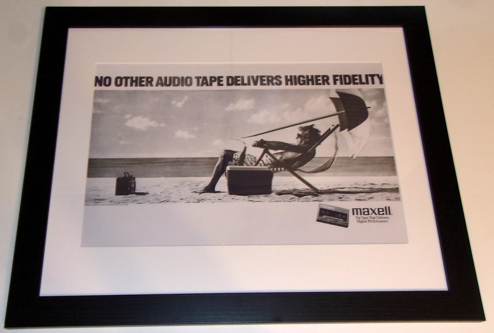 FRAMED Maxell Cassette Tape “BLOWN AWAY” 1982 Ad Poster 23″x20″ Beach Picture