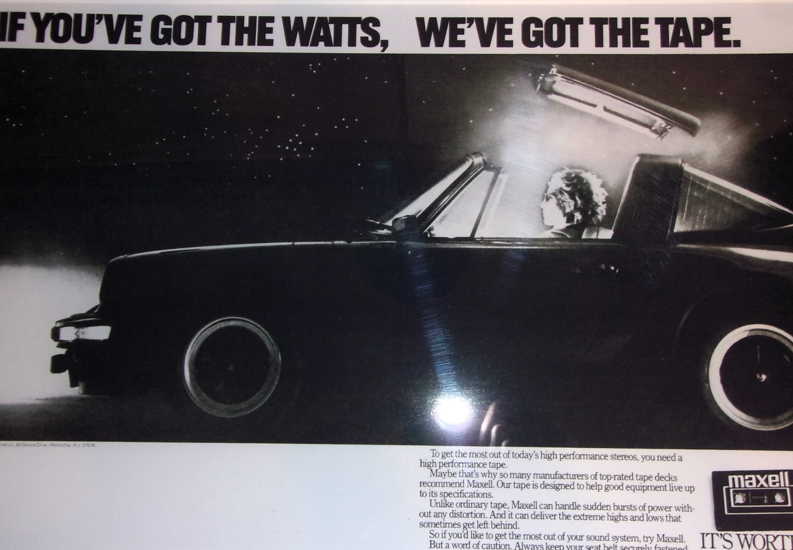 FRAMED Maxell Cassette Tape “BLOWN AWAY” 1982 Ad Poster 23″x20″ Porsche 911