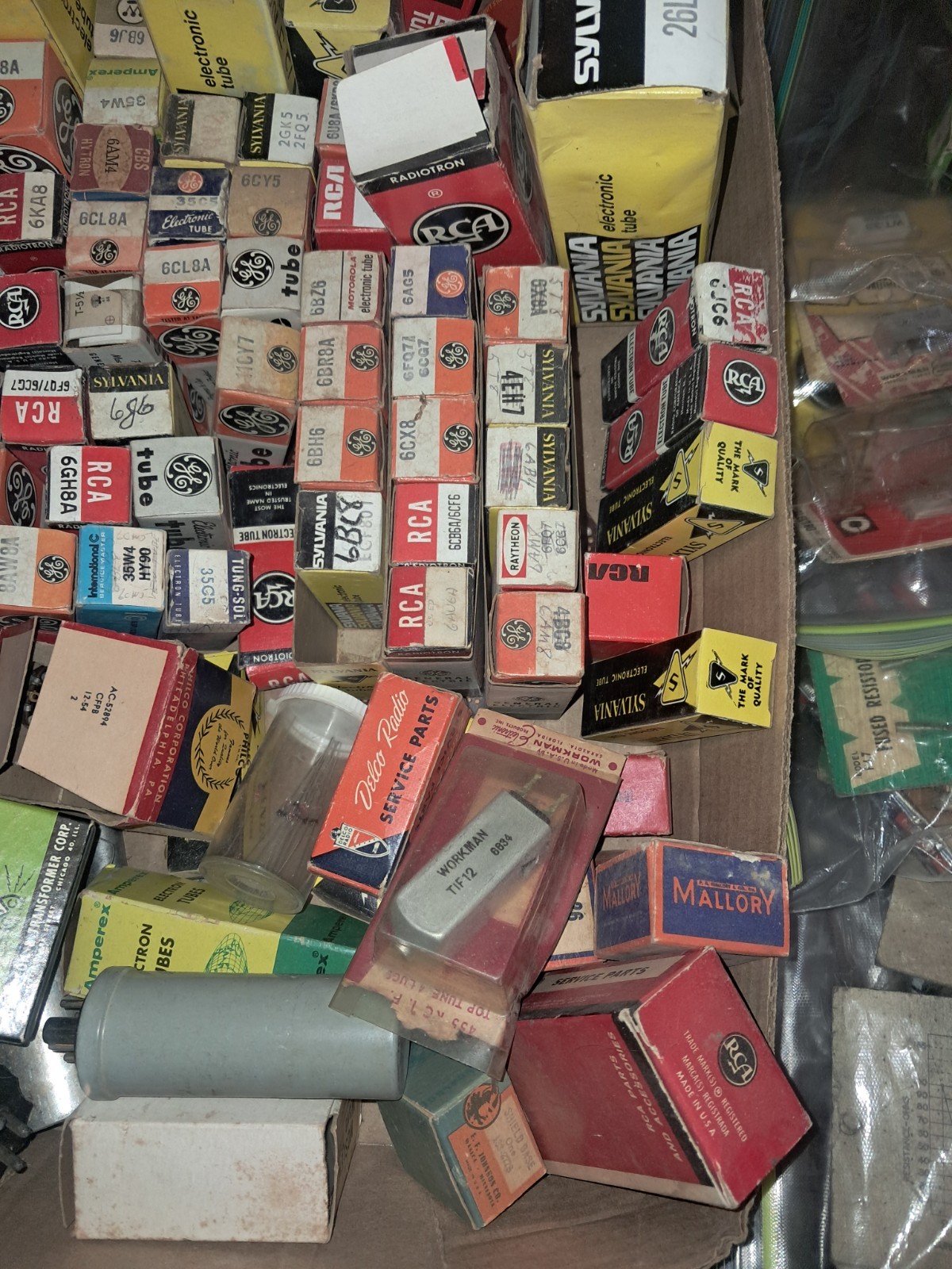 Lot of 180 Vintage Radio/TV Vacuum Tubes Switches Resistors Varistors And More