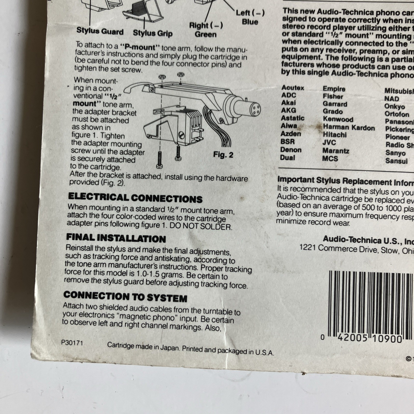 Audio-Technica AT90 P-Mount Universal Phono Cartridge | New Open Packaging