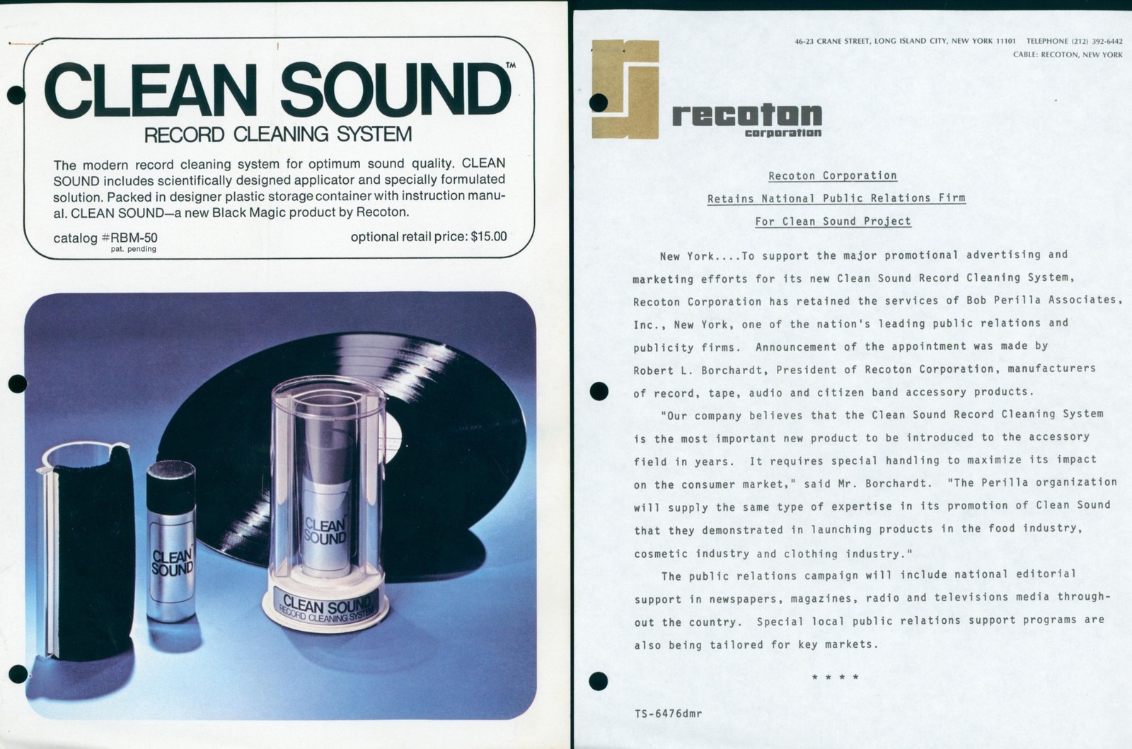 1976 Recoton Clean Sound Record Cleaning System Dealer Press Kit Brochure CES