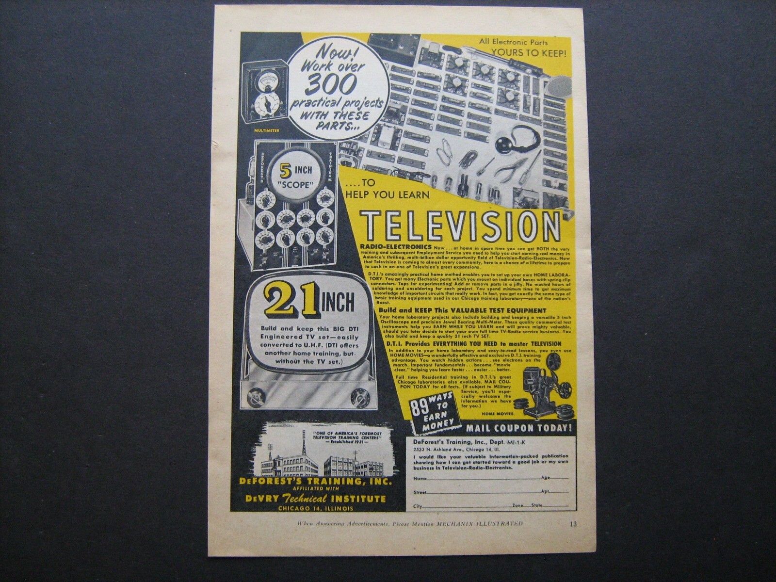 1954 DeForest/DeVry Television TV service/repair training course–vintage ’54 ad