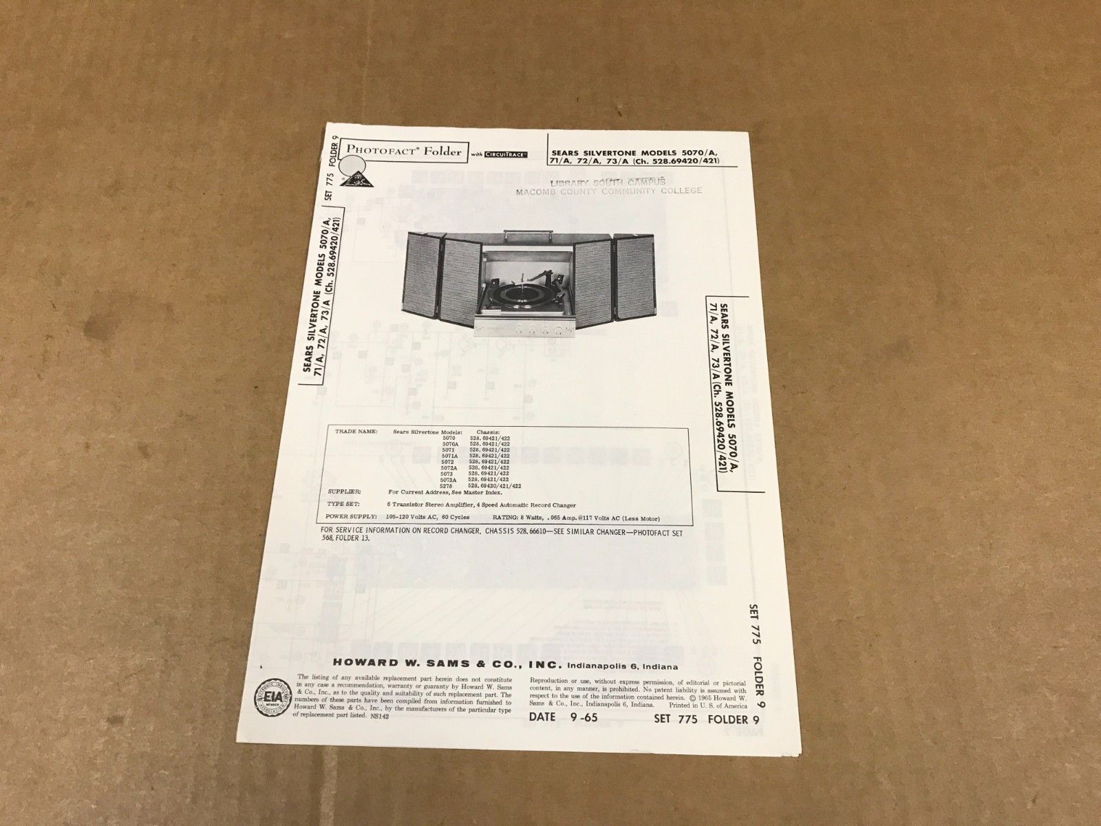 Vintage Photofact Folder – 775-9- Sears Silvertone 6-Transistor Stereo Amplifier