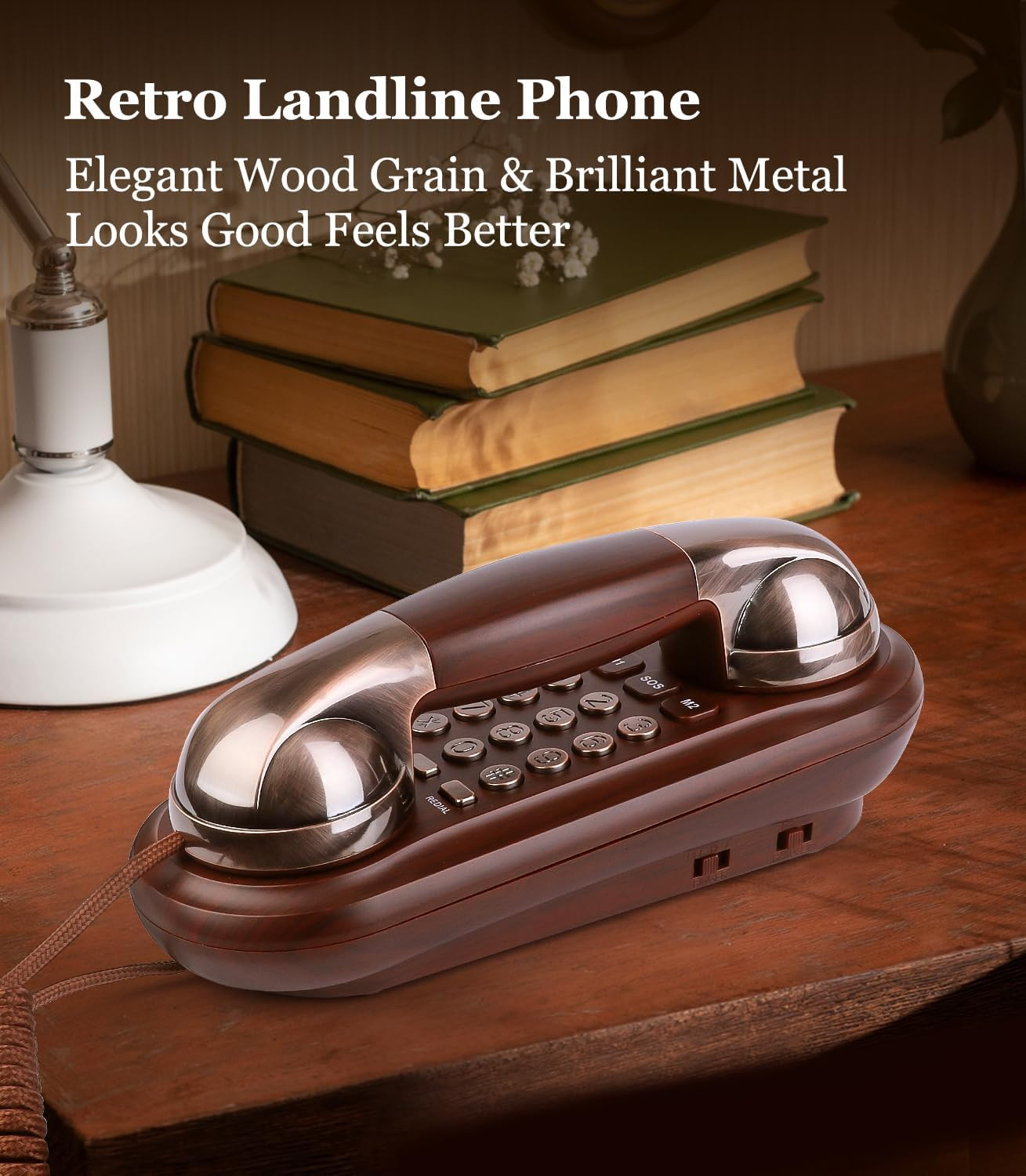 Corded Phone Vintage Wood Grain Wall Phone, No AC Power Required, 3 Speed Dial K