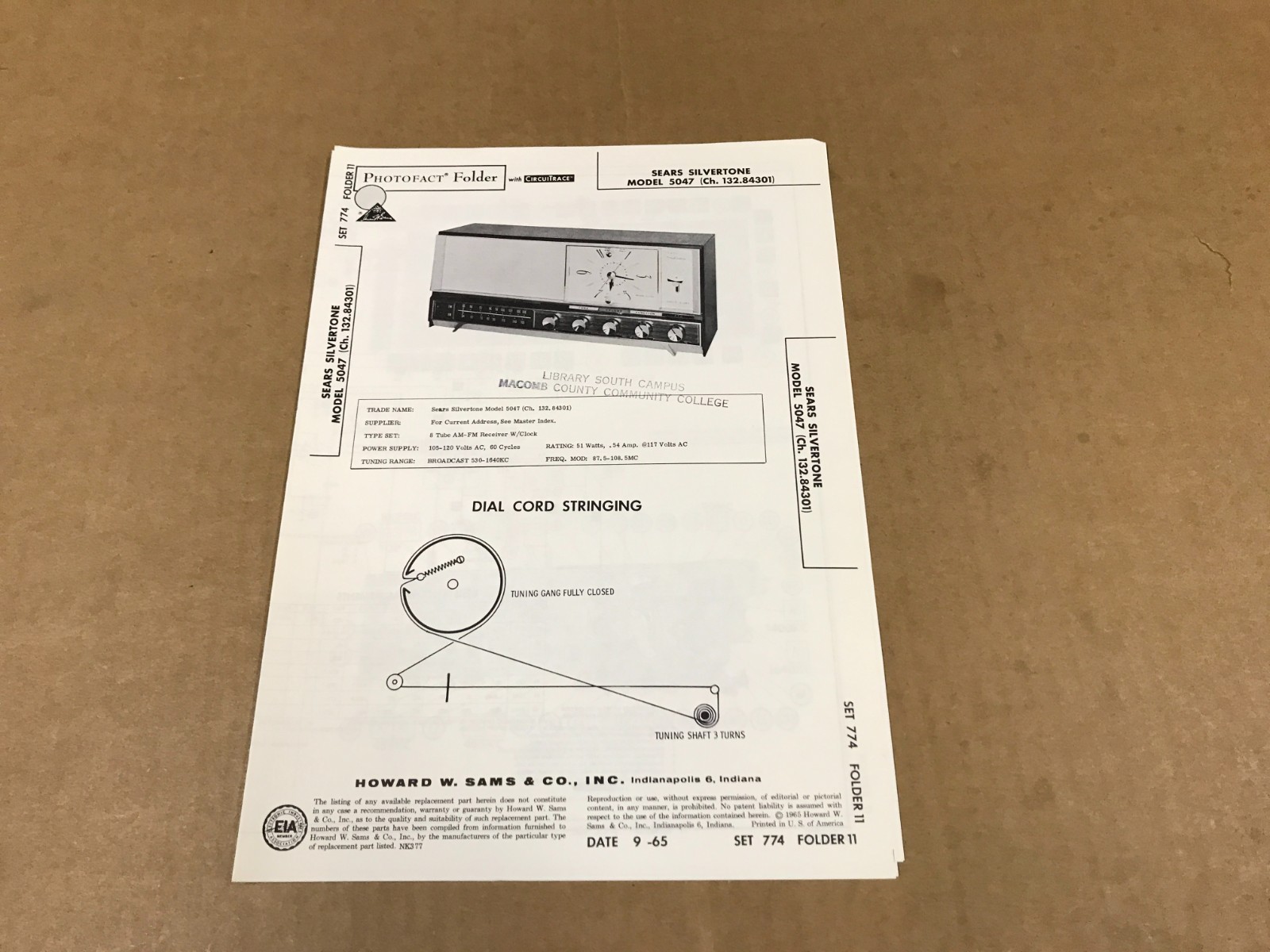 Vintage Photofact Folder – 774-11 – Sears Silvertone 8-Tube AM/FM Receiver,#5047