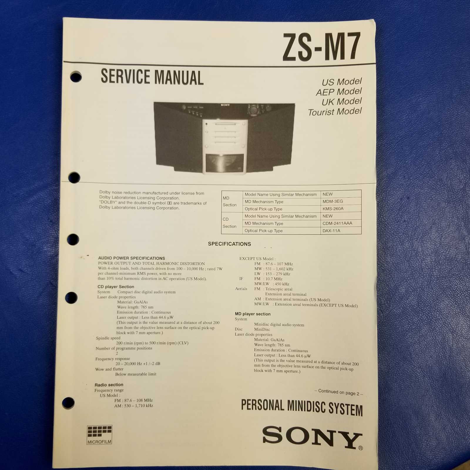SONY ZS-M7 Service Manual Original Paper OEM Repair Guide – USA