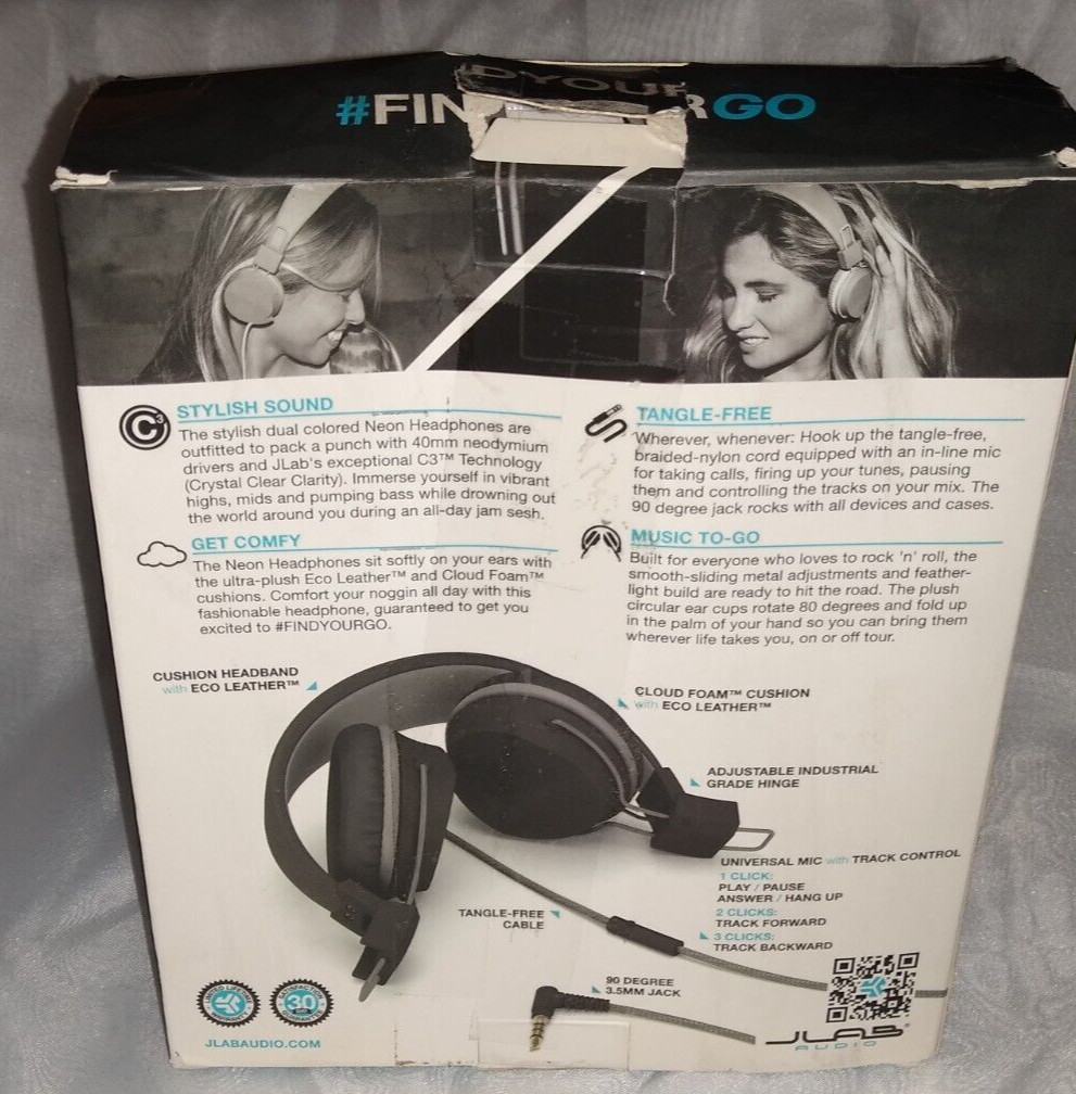 NEONHP-GRYBLU-BOX JLab Audio Neon Headphones On-Ear Feather Light, Ultra-plush
