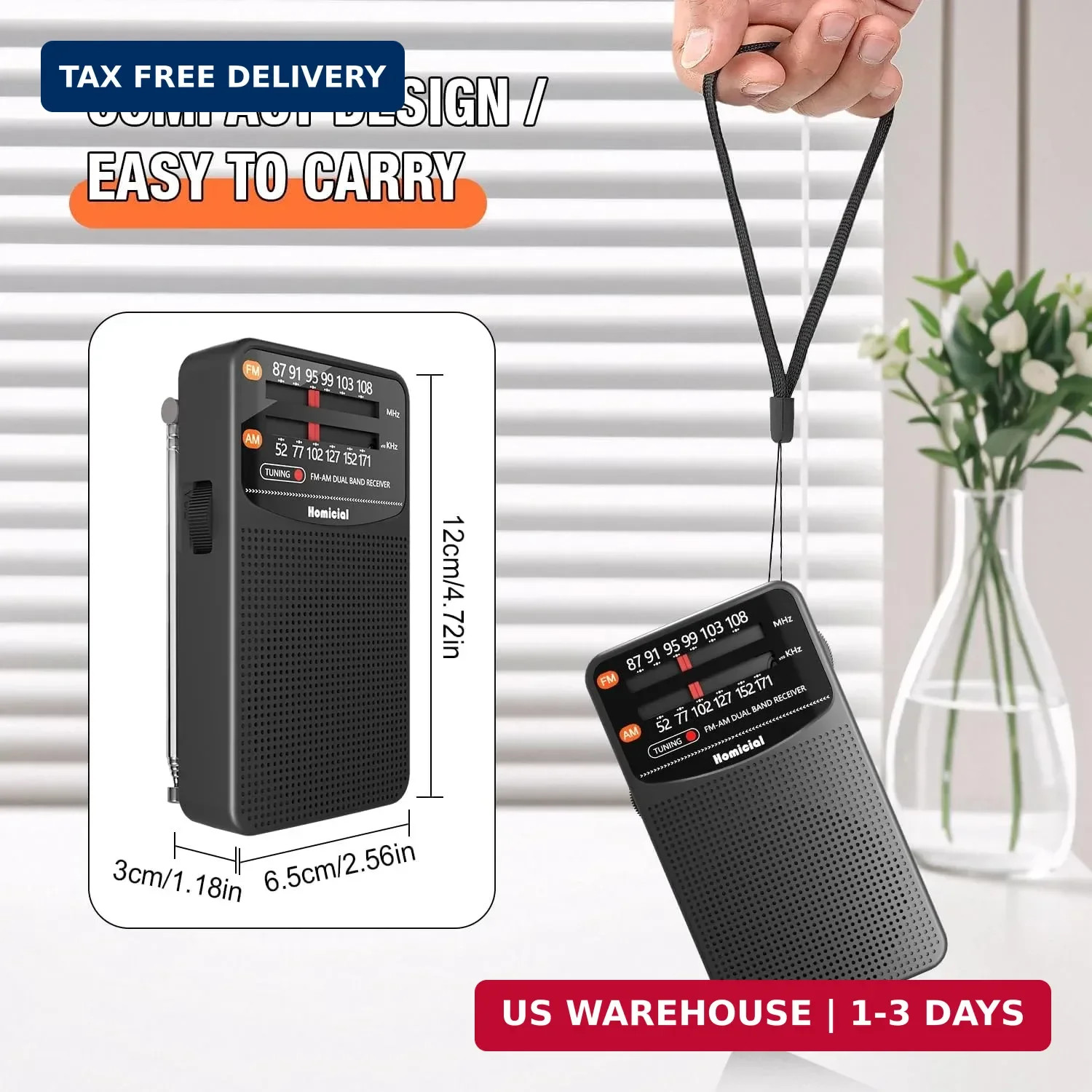 AM/FM Portable Radio, Pocket Radio 3 AA Battery Powered, Long Lasting, with Exce