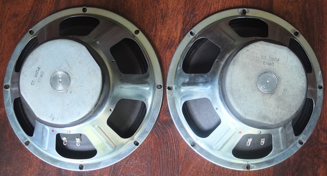 vintage pair 10″ full-range woofers marked DWK3 PURE 10, c.1975—very good cond
