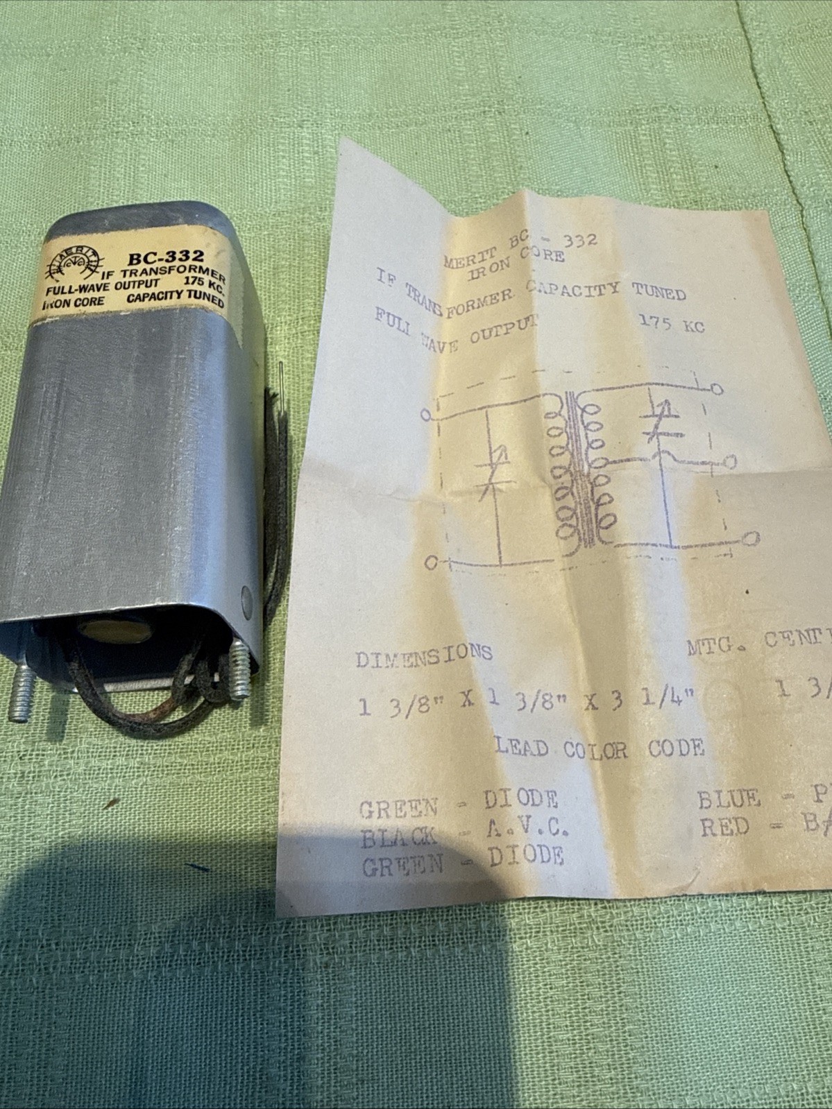 Merit BC-332 Iron Core Capacity Tuned Full Wave Output IF Trans. 175 kHz