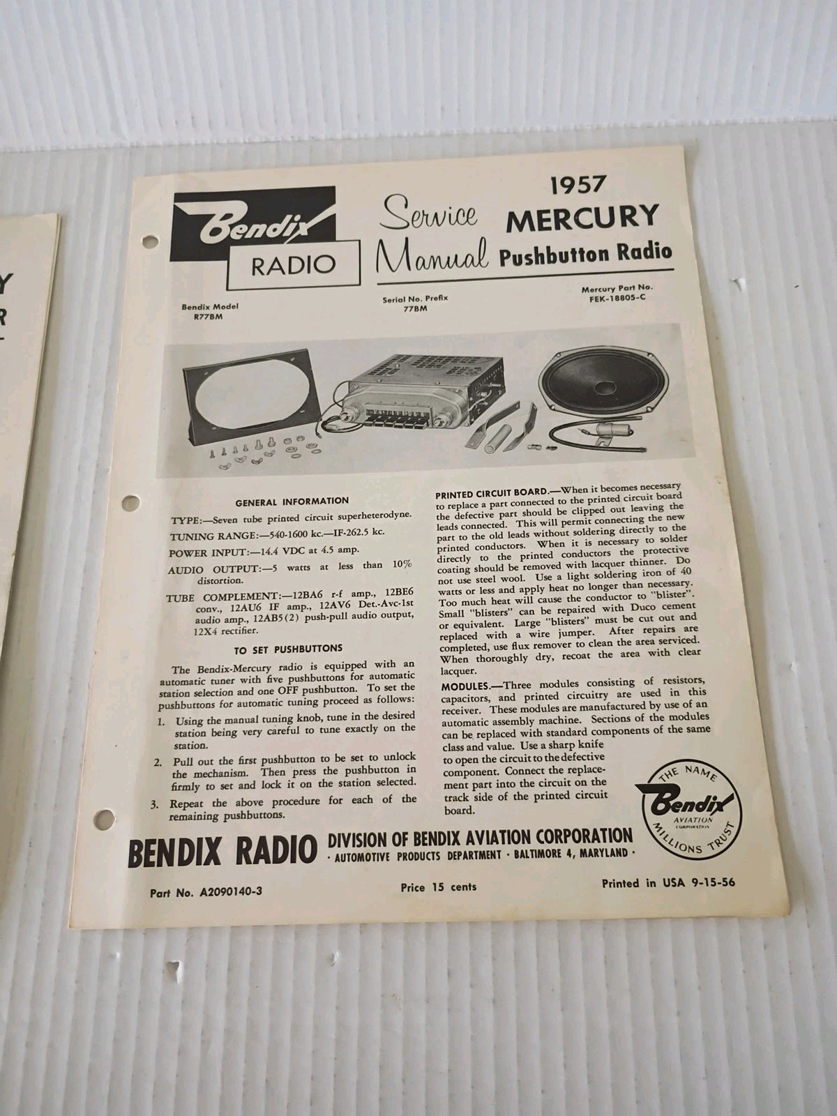 Bendix Radio Manuals 1957 Mercury Travel Tuner & Pushbutton Radios