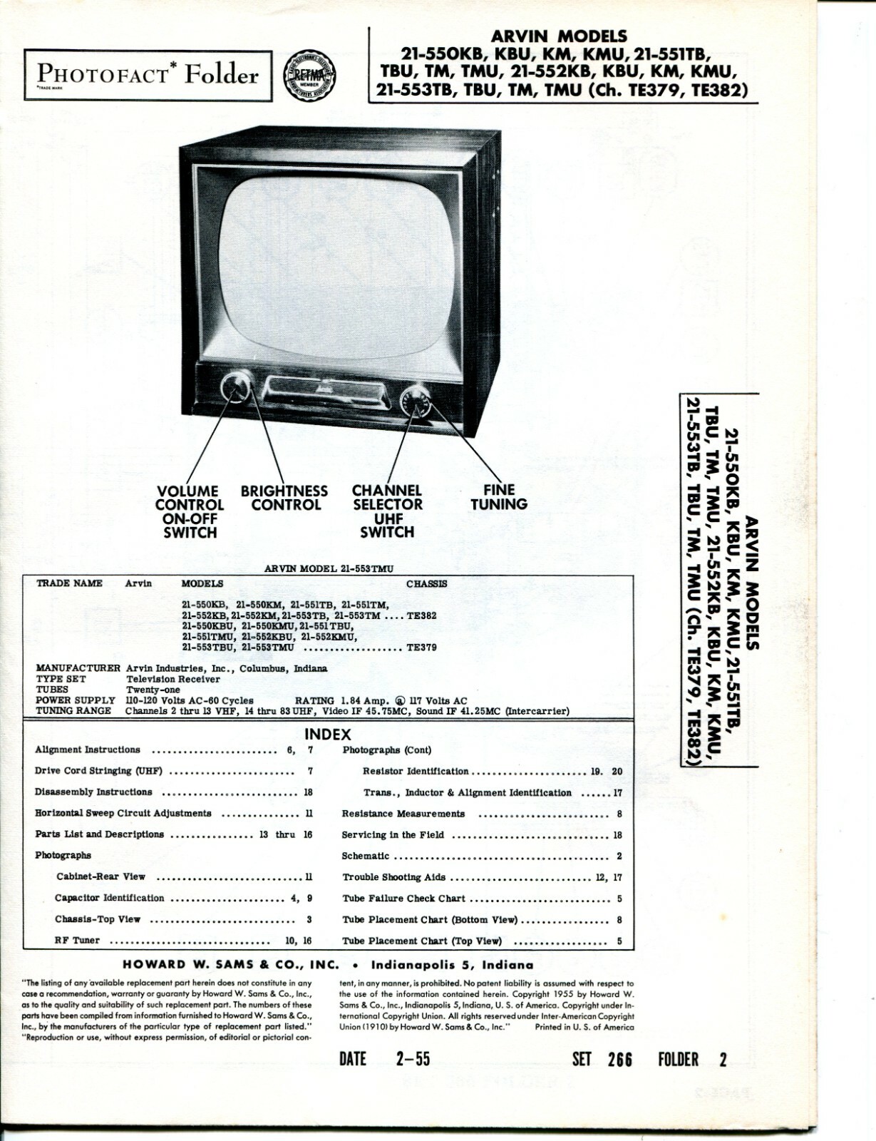 1955 Arvin 21-550KB/551TB/552KB/553TB Photofact Folder Television Service Manual