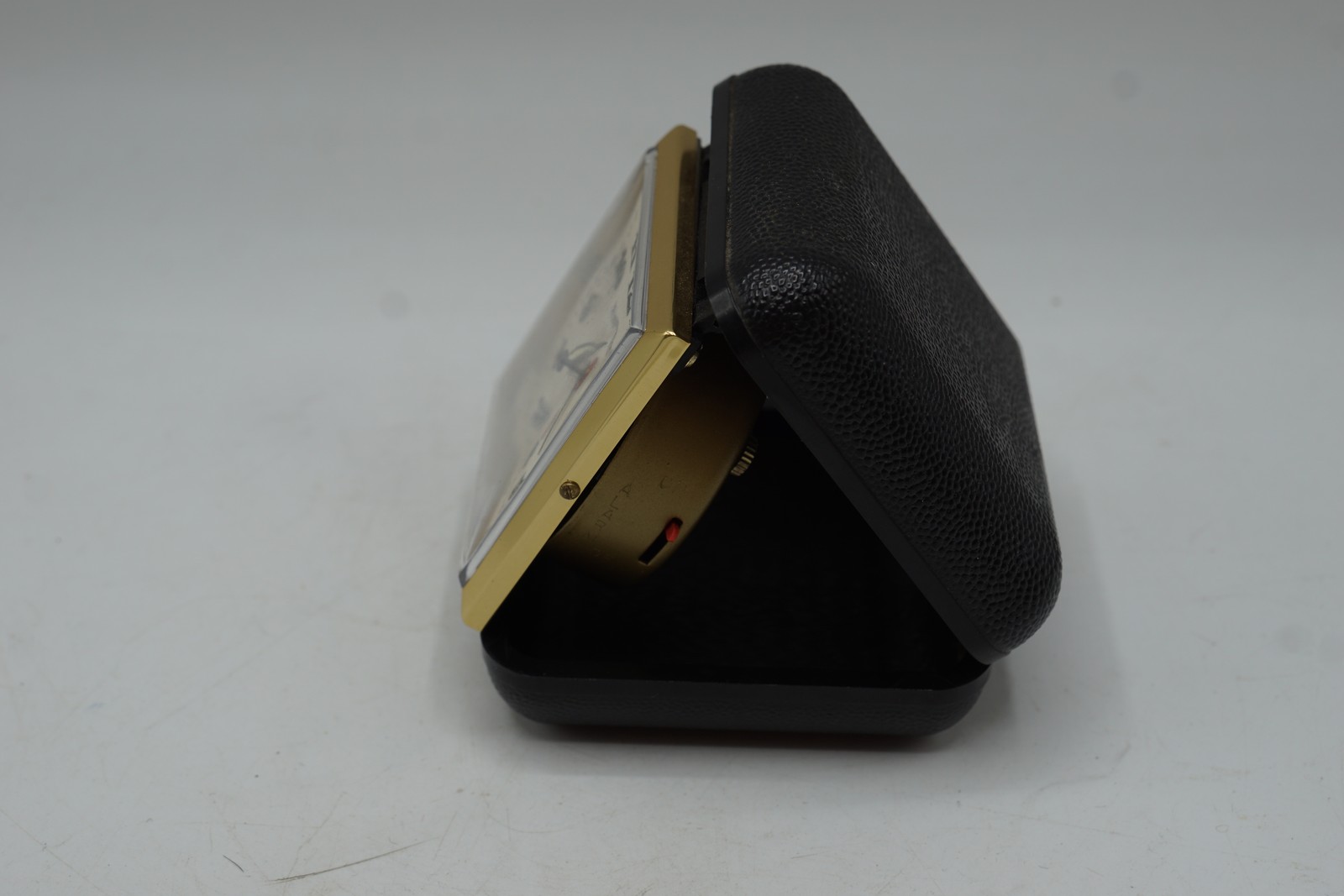 Vintage EQUITY Travel Alarm Clock Gold Tone Folding Case Made in China
