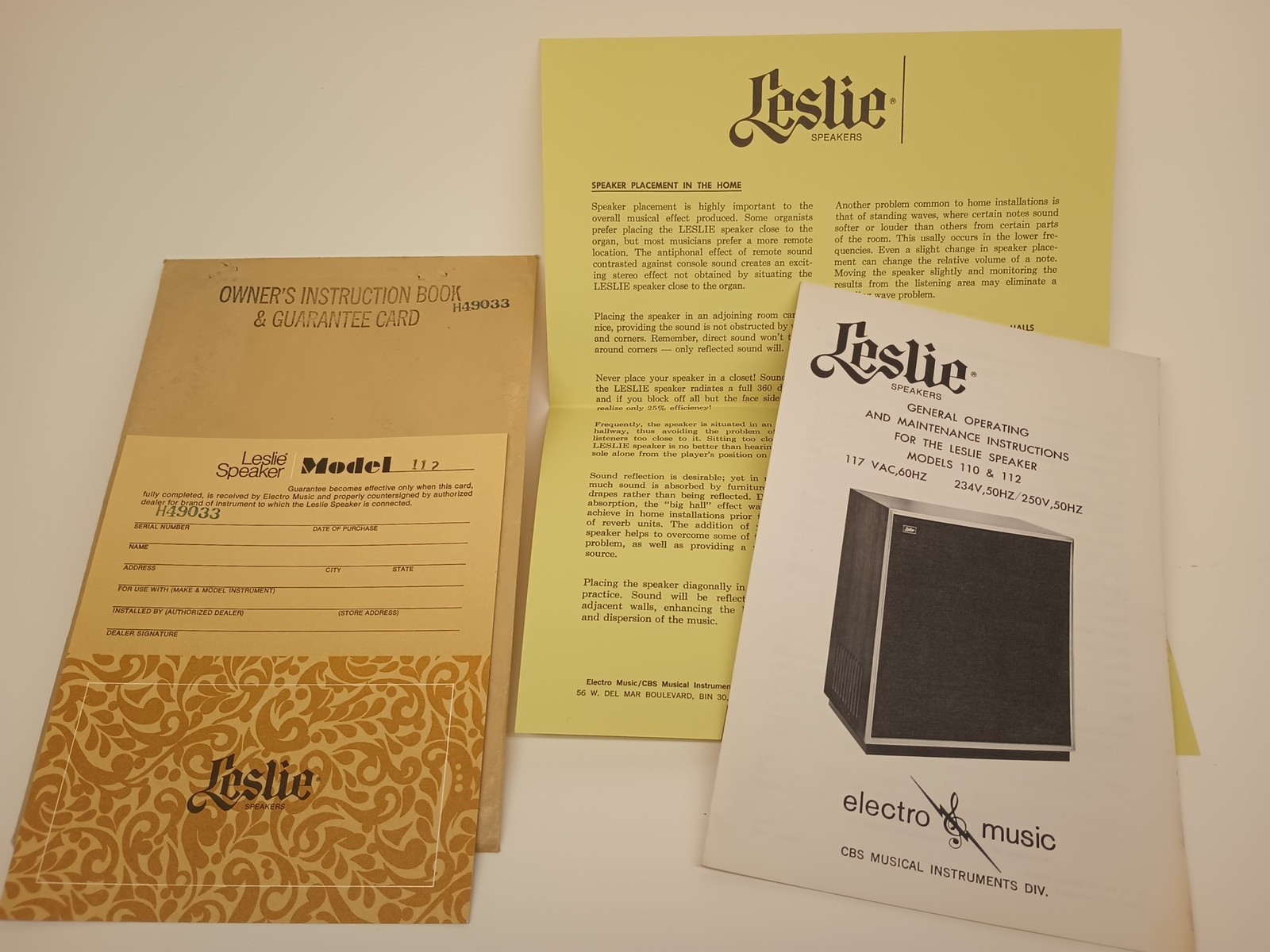 Vintage Leslie Speaker Manual 110/112 Operating And Maintenance+Brochures+