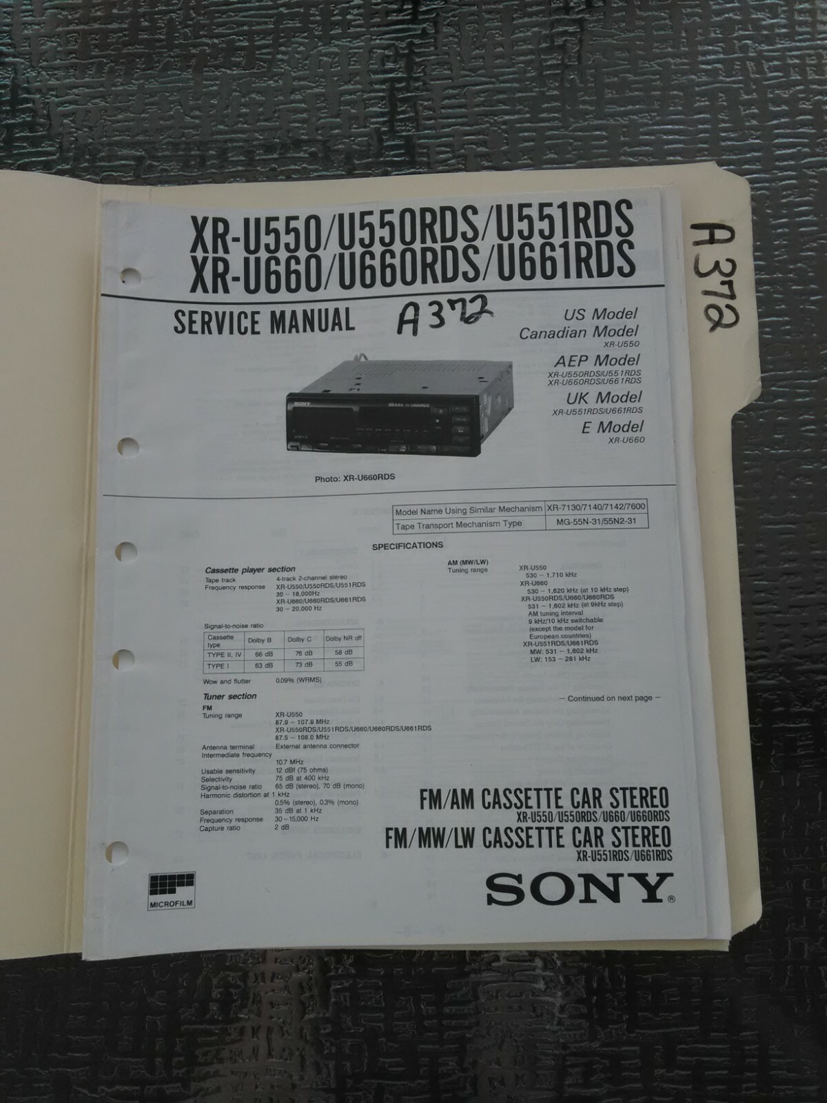 Sony XR-U550/0RD/U551RDS/U660/RDS/U661RDS service manual original repair book