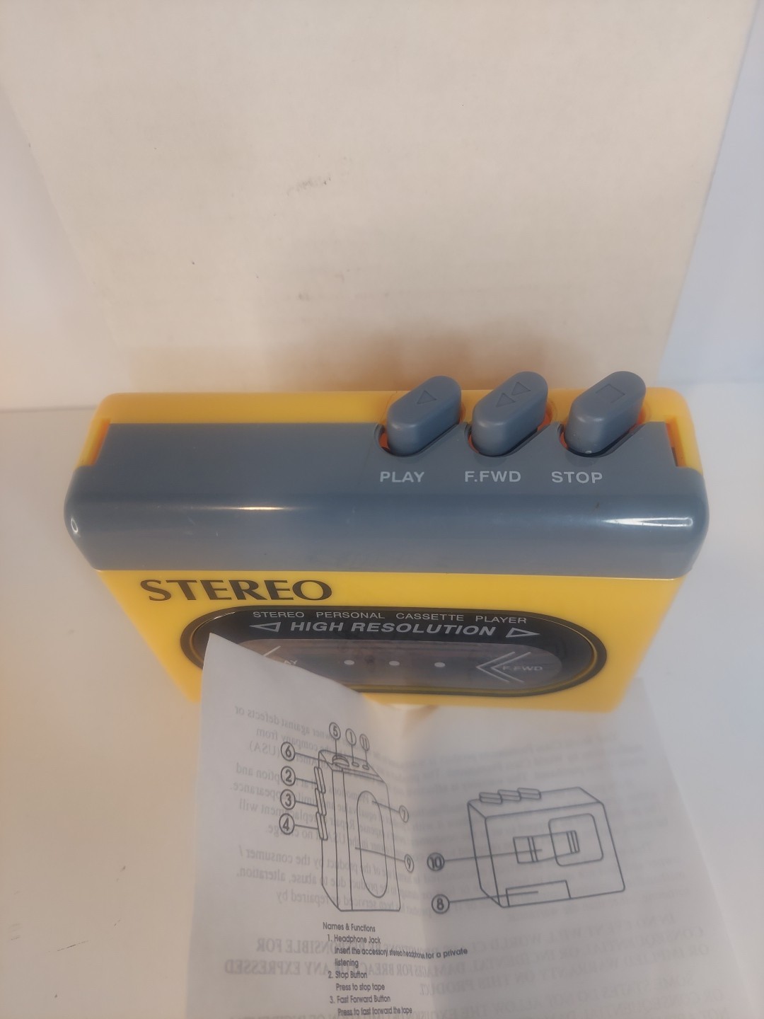 Stereo Cassette Player Yellow/Gray No Headphones Included New Mint Condition