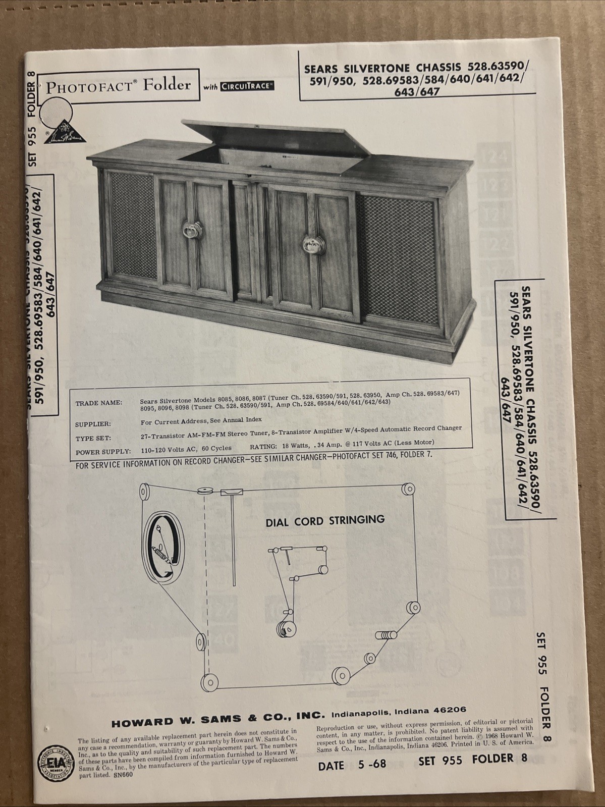Vintage Sams Photofact Schematic 5-1968 SEARS SILVERTONE CHASSIS 528.63590/
