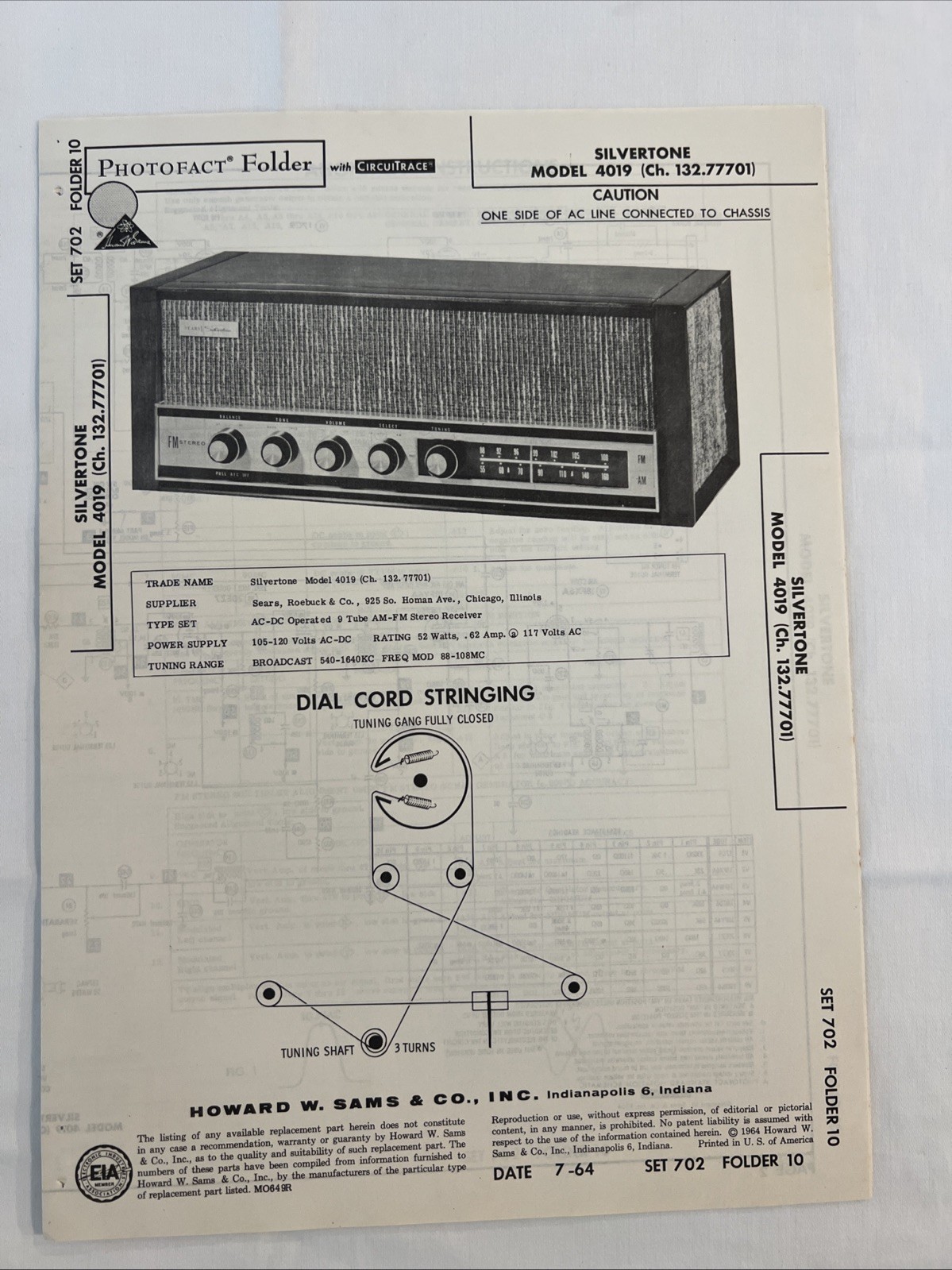 Vintage Sams Photofact Schematic 7-1964 SILVERTONE MODEL 4019 (Ch.132 77701)