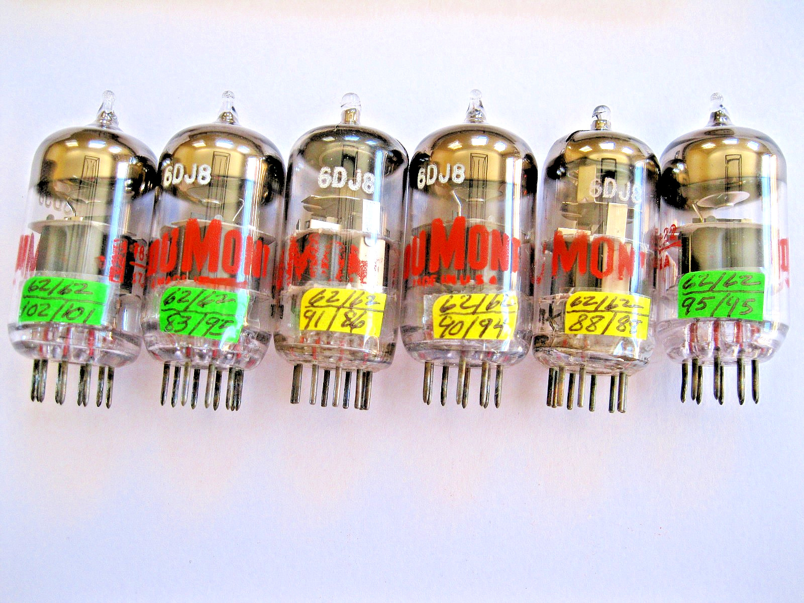 6 DUMONT 6DJ8/ECC88 VACUUM TUBES GRAY PLATE MATCHED DATE TV-7 TESTED READ.