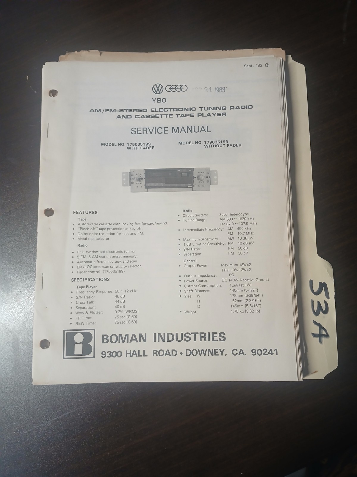 Boman 175035199 179035199 VW AUDI Service Manual Original Repair Book Car Radio
