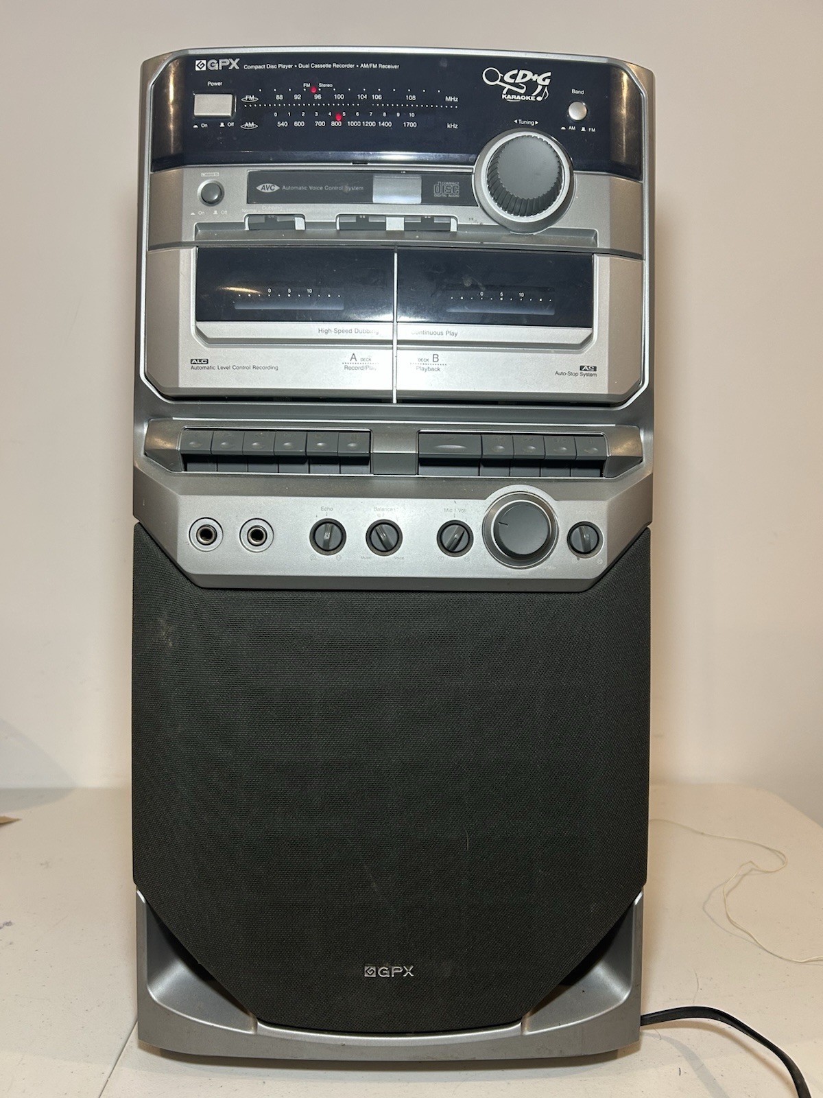 Vintage 2000 GPX Karaoke Tower CD Player Dual Cassette AM/FM Stereo Tested Works