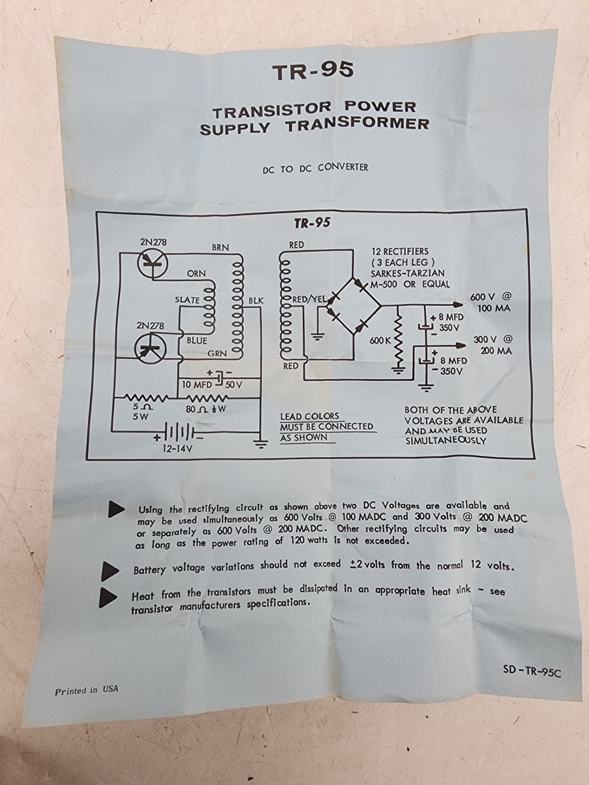 Vintage Halldorson TR-95 Transistor Power Transformer 12-14VDC 600-300VDC 120W