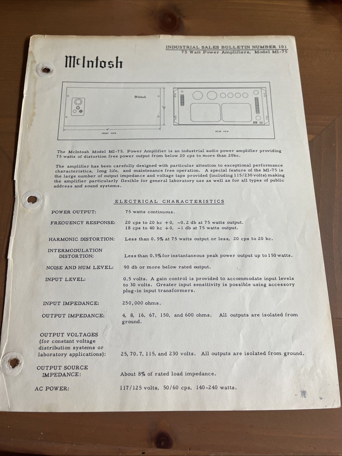 McIntosh MI 75 Industrial Sales Bulletin 75 Watt Power Amplifiers
