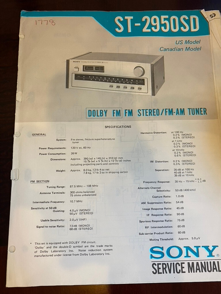 SONY ST-2950SD ST2950SD Service Manual FROM THE USA **ORIGINAL**