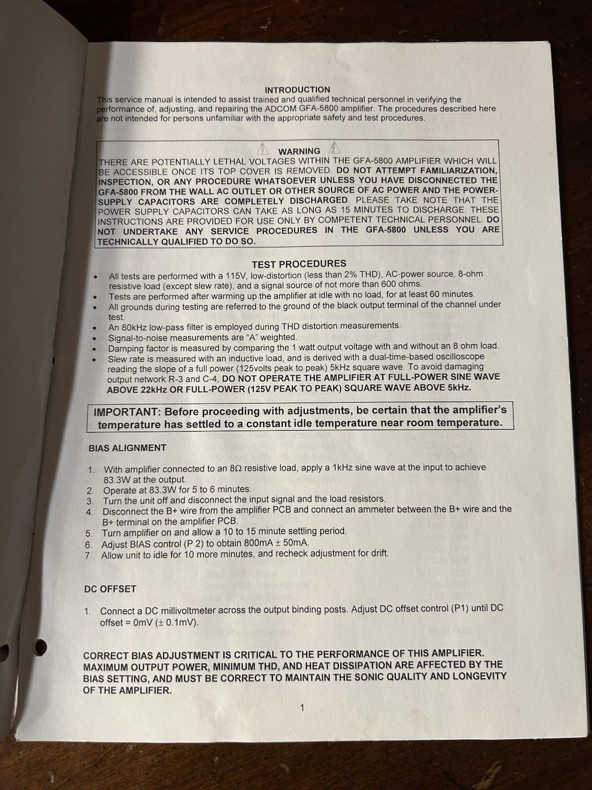 ADCOM GFA-5800 Power Amplifier Amp Service Manual Original OEM Vintage
