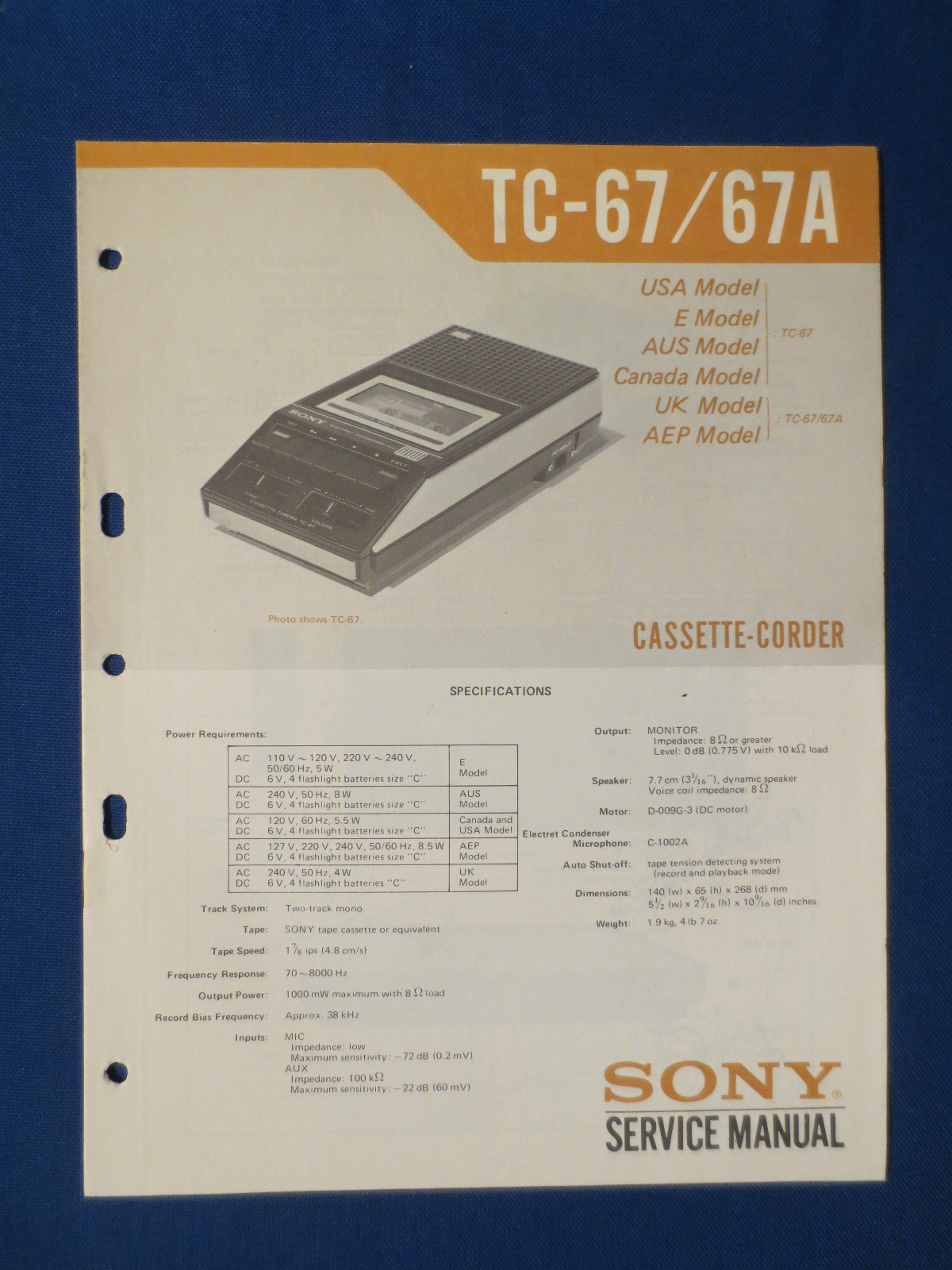 SONY TC-67 A CASSETTE SERVICE MANUAL ORIGINAL FACTORY ISSUE GOOD CONDITION