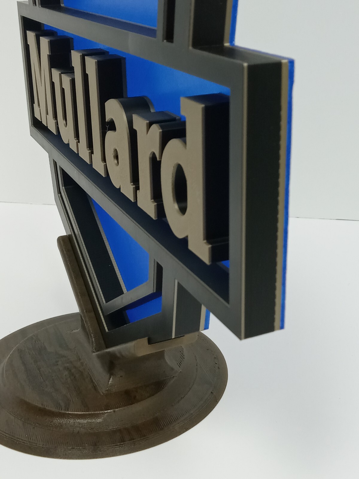 Mullard Logo Display Sign & Wood Base – Gold & Black on ‘Glass’ Blue -tubes