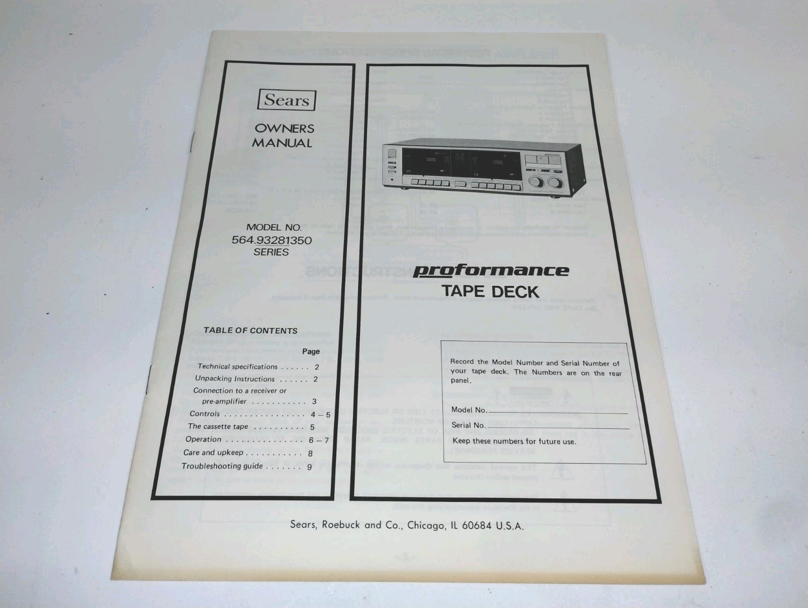 Sears Proformance Tape Deck Owners Manual Model 564.93281350