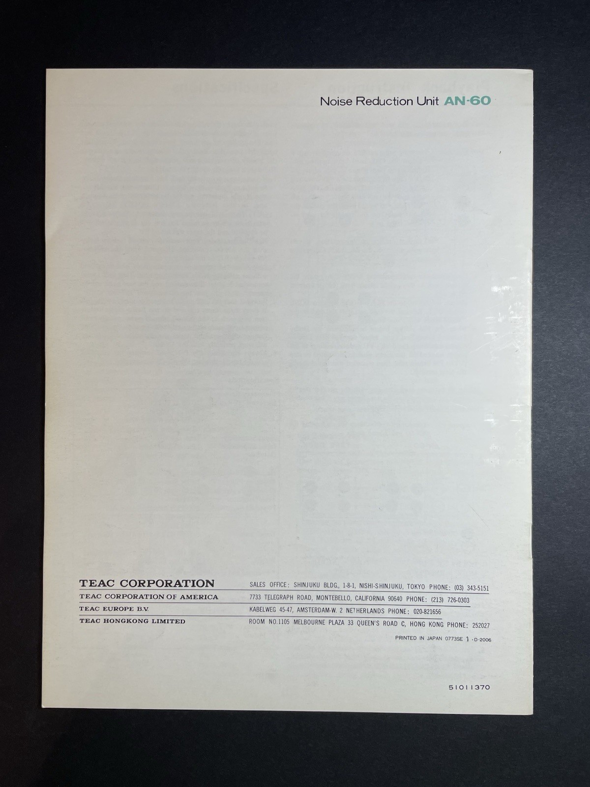 Vintage Original TEAC AN-60 Noise Reduction Unit Instruction Manual