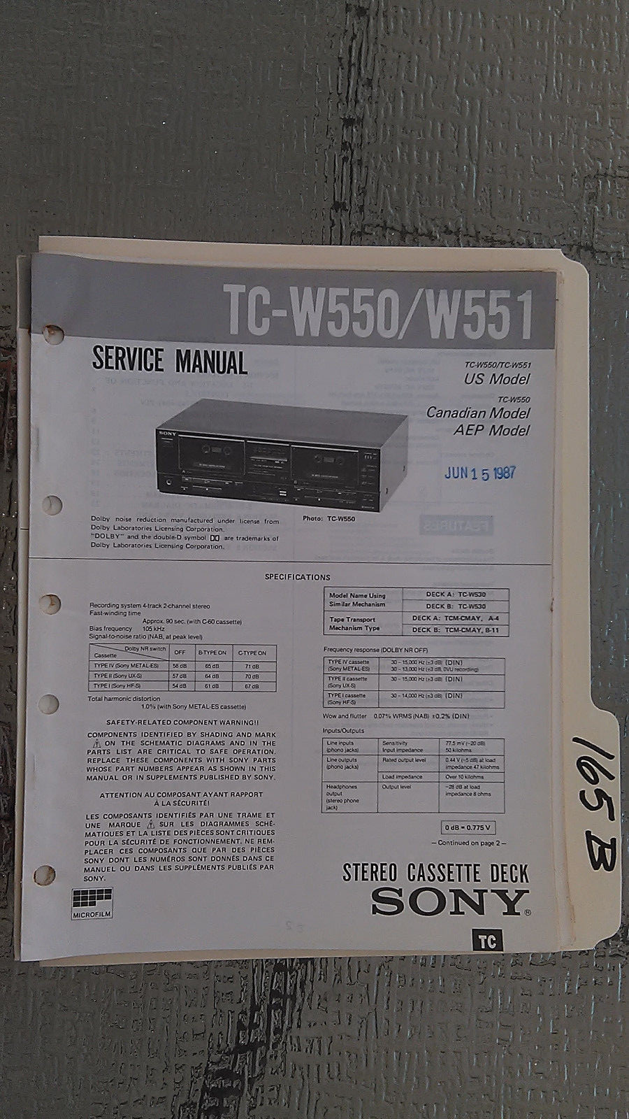 Sony tc-w550 w551 service manual original repair book stereo tape deck player
